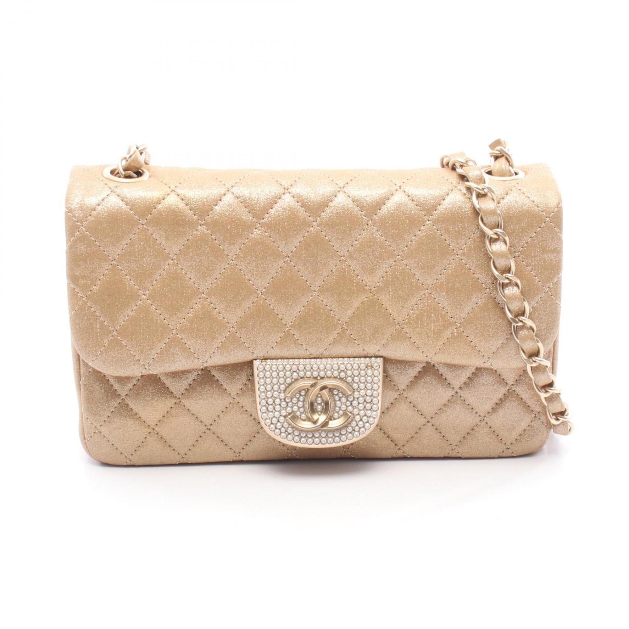 Chanel Beige Gold Gold Brown Fabric Leather Handbag Shoulder Bag (Pre-Owned)