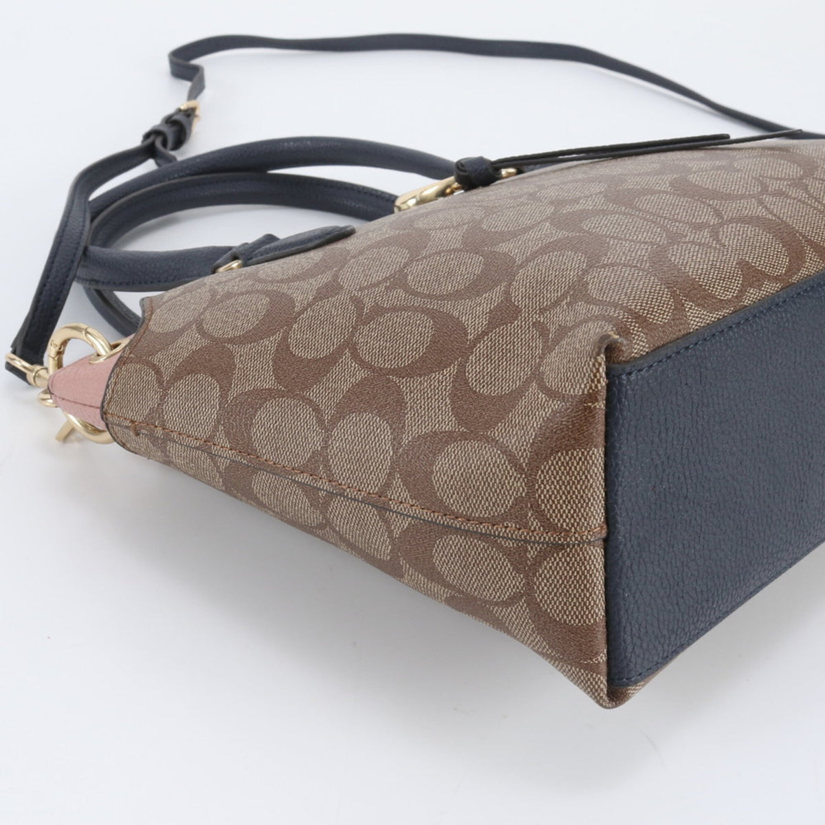 Coach Beige Navy Leather Coated Canvas Handbag Shoulder Bag Tote Bag (Pre-Owned)