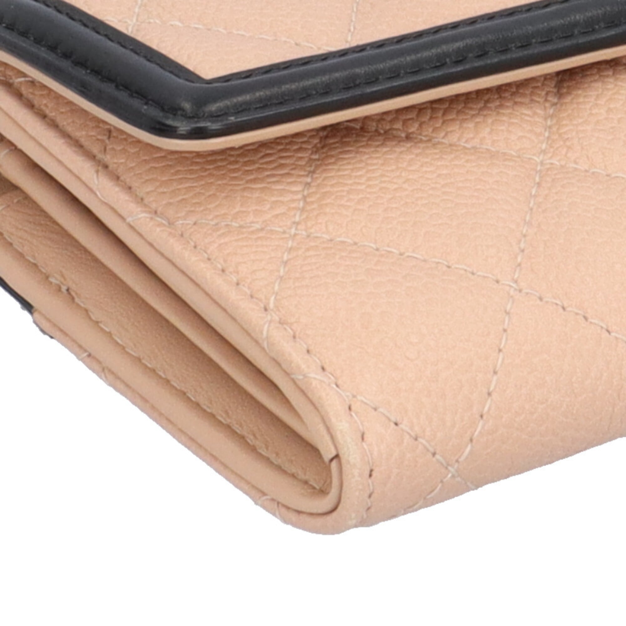 Chanel Beige Black Grained Calfskin Long Wallet (Bi-Fold) (Pre-Owned)