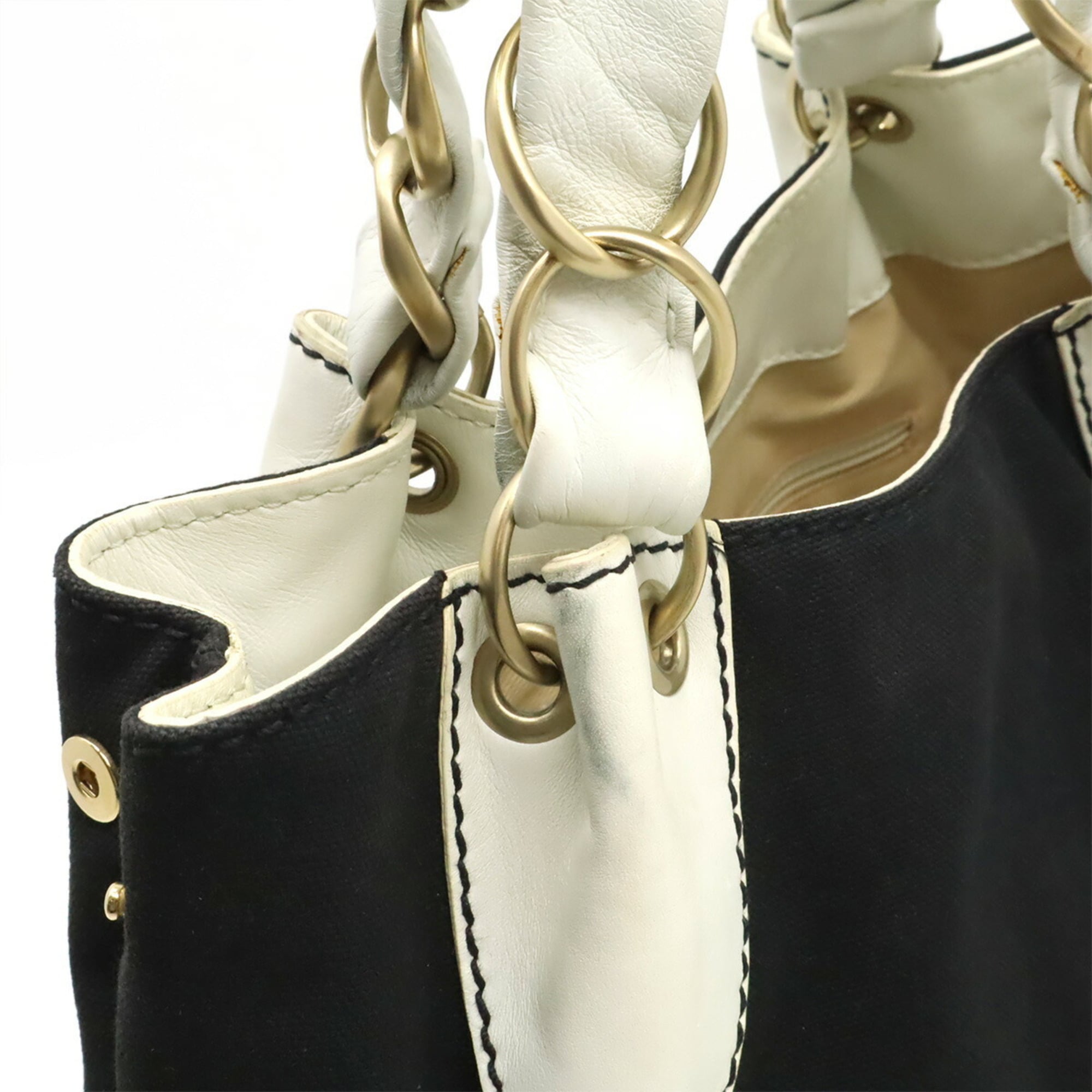 Chanel Black White Canvas Leather Handbag Shoulder Bag Tote Bag (Pre-Owned)