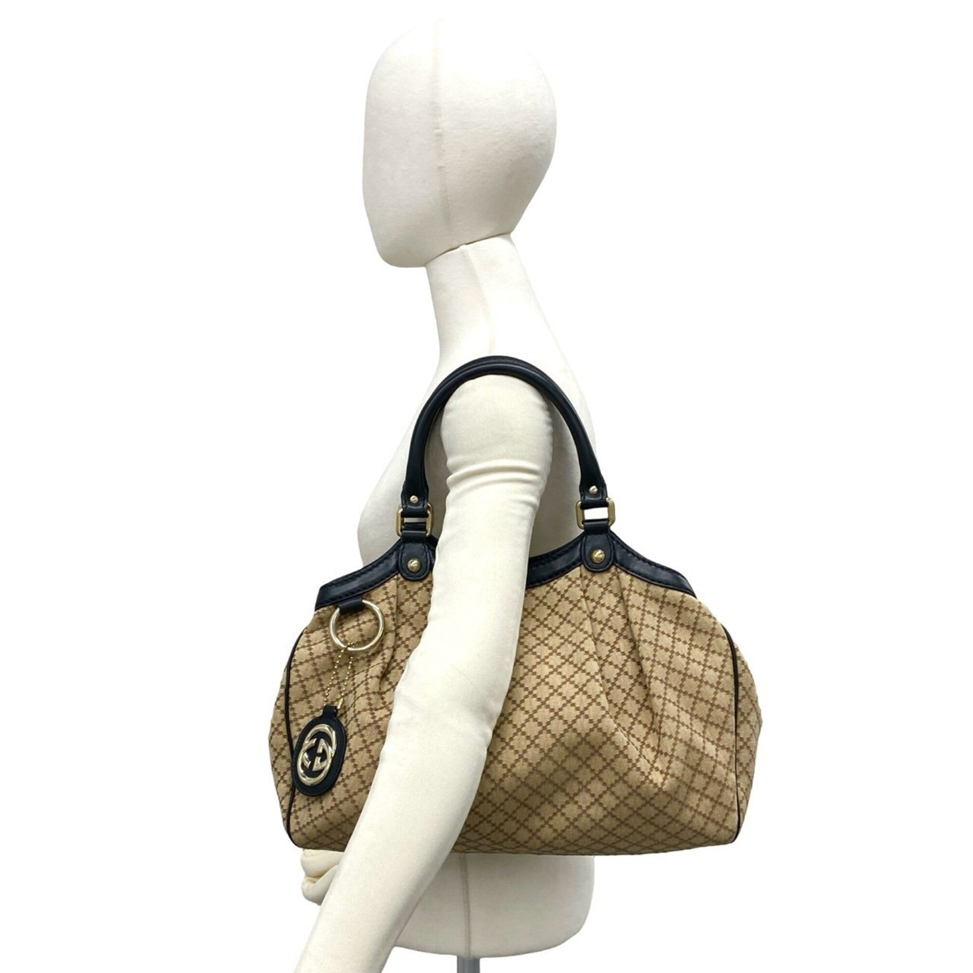 Gucci Beige Black Canvas Leather Handbag Tote Bag (Pre-Owned)