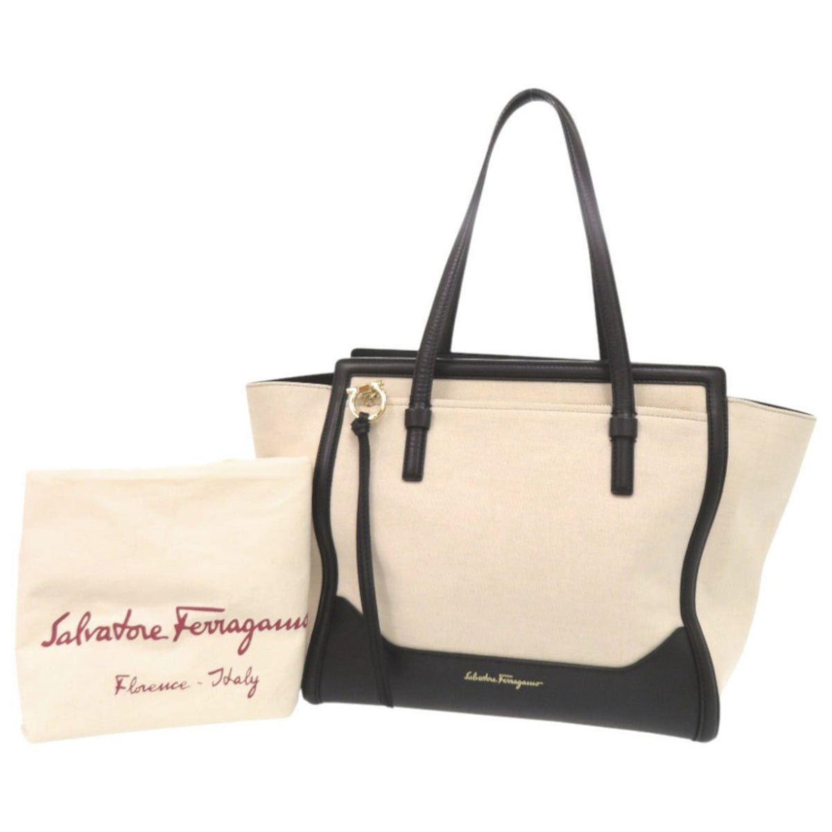 Salvatore Ferragamo Black Ivory Leather Canvas Tote Bag (Pre-Owned)