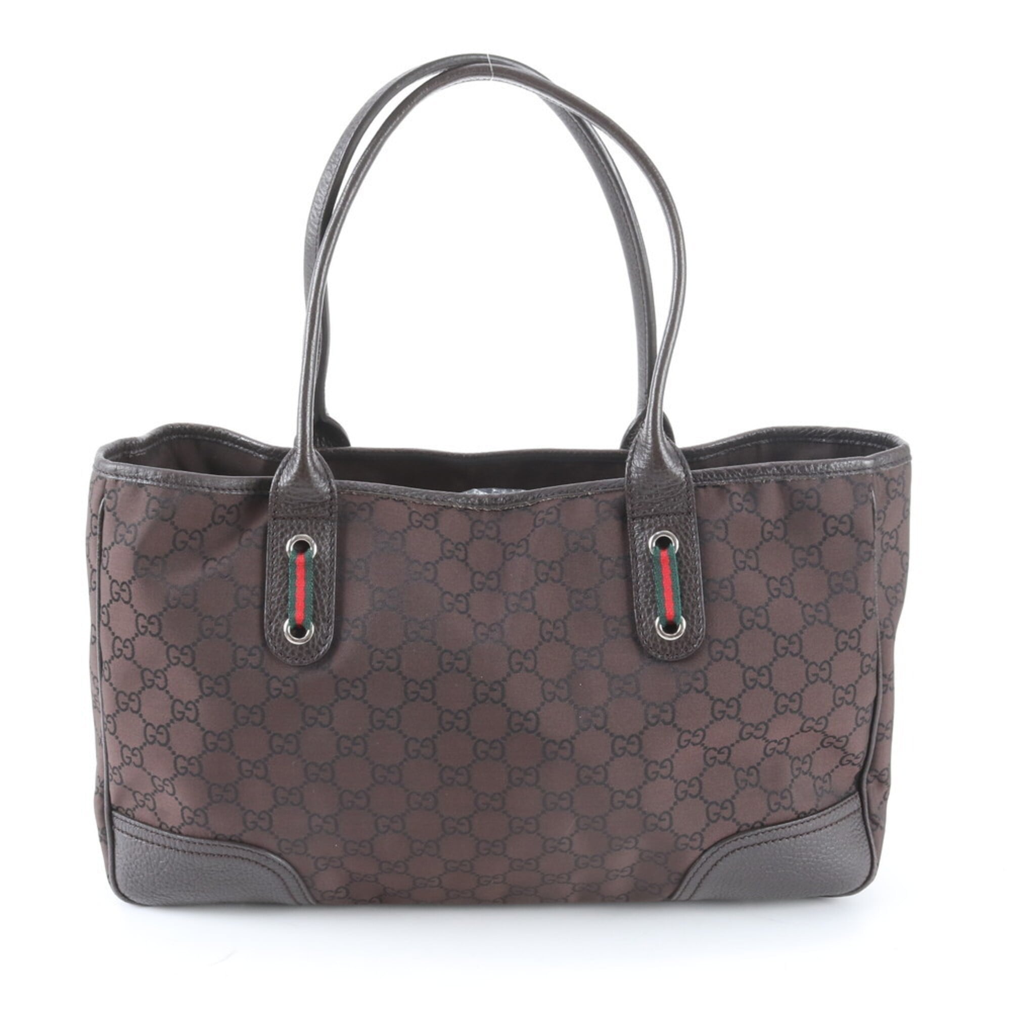 Gucci Sherry Line Brown Nylon Leather Handbag Tote Bag (Pre-Owned)