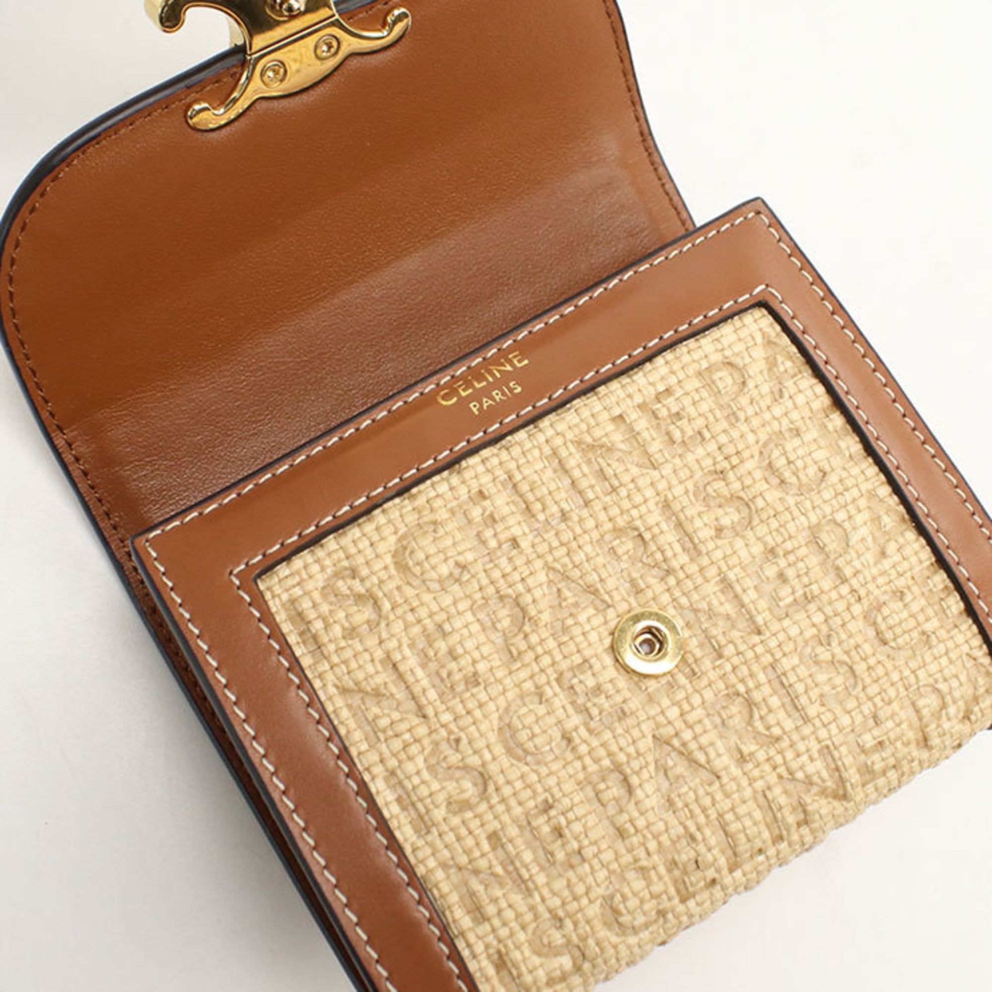 Celine Beige Leather Raffia Wallet (Tri-Fold) (Pre-Owned)