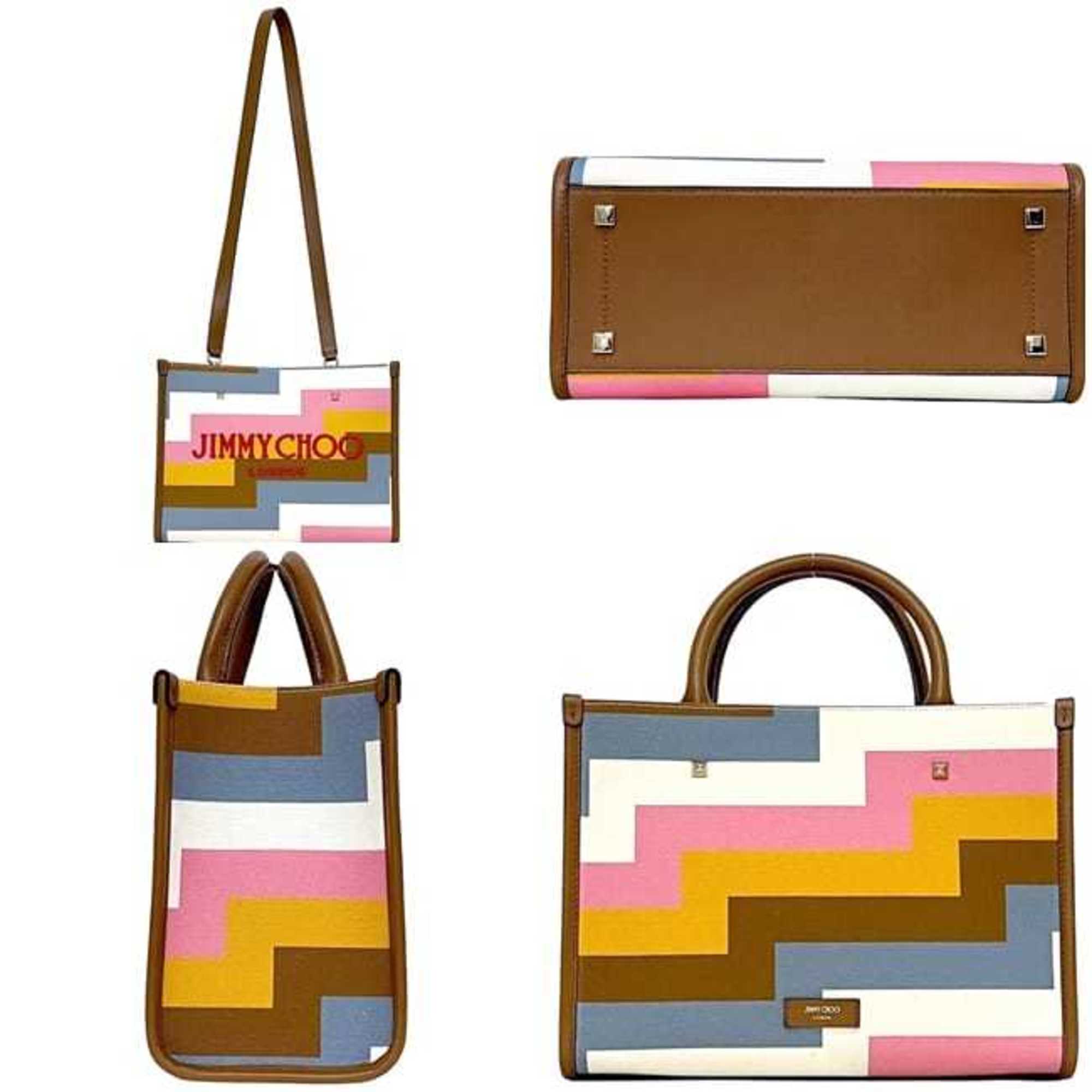 Jimmy Choo Brown Multi-Color Canvas Leather Tote Bag (Pre-Owned)