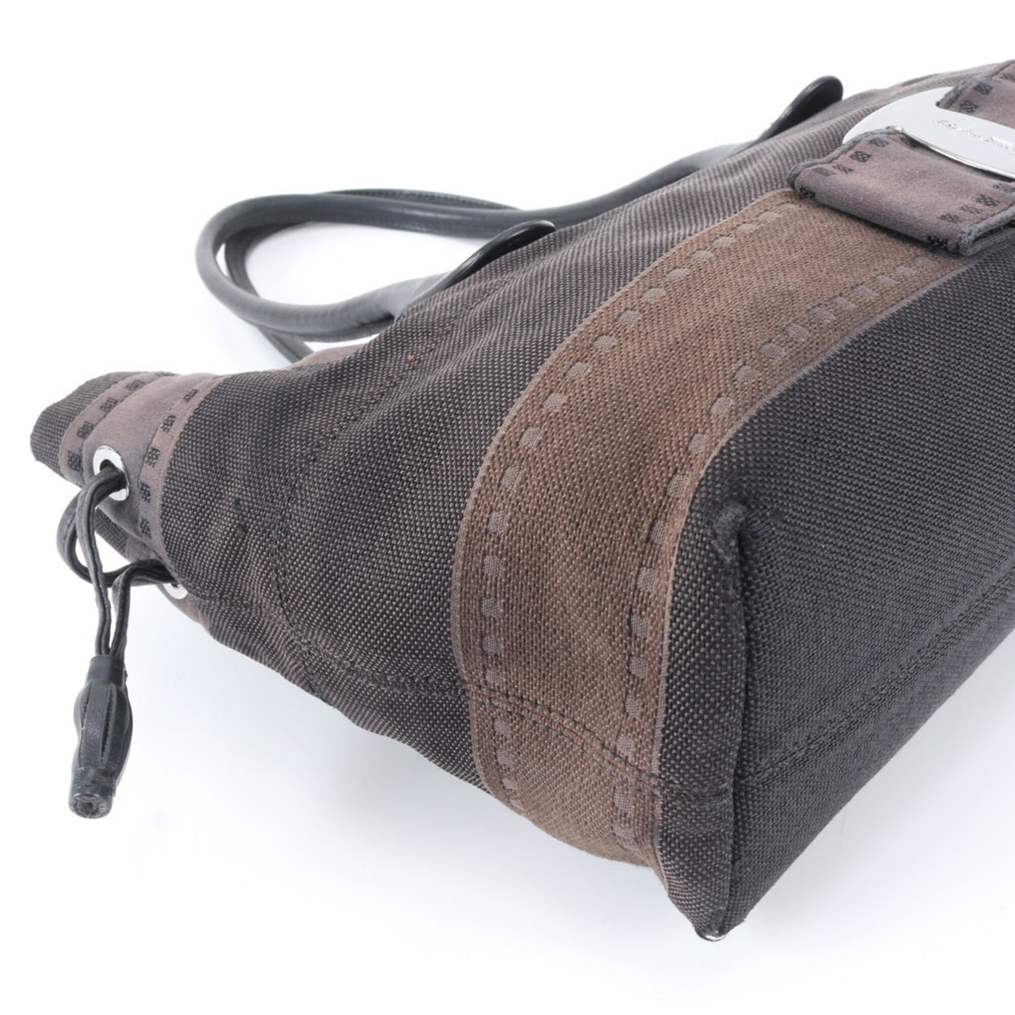 Salvatore Ferragamo Black Brown Leather Canvas Handbag (Pre-Owned)