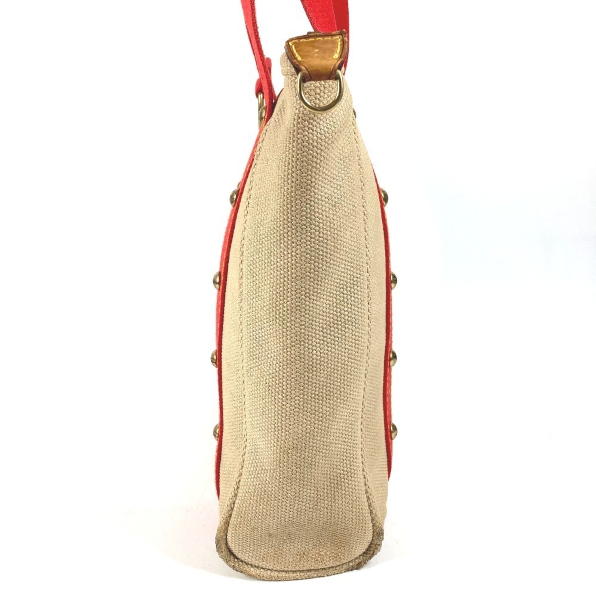 Louis Vuitton Beige Red Color Canvas Leather Shoulder Bag Tote Bag (Pre-Owned)