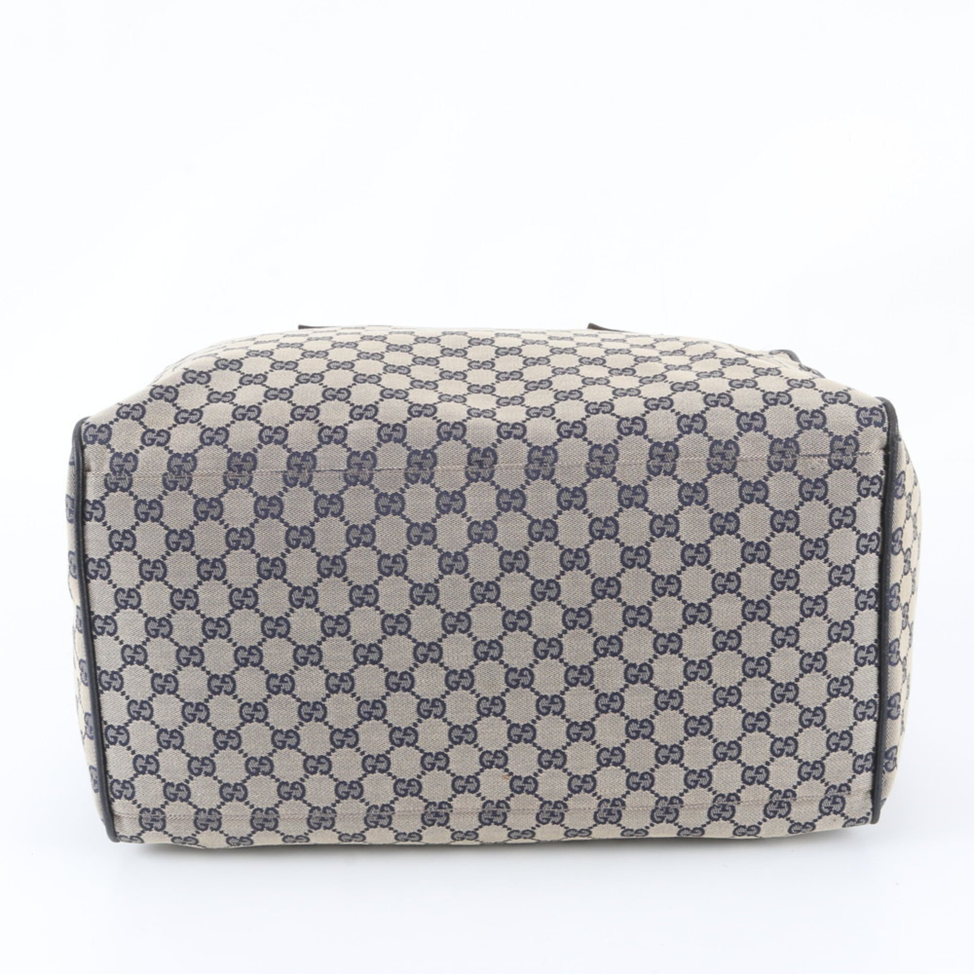 Gucci Beige Navy Leather Canvas Boston Bag Tote Bag (Pre-Owned)
