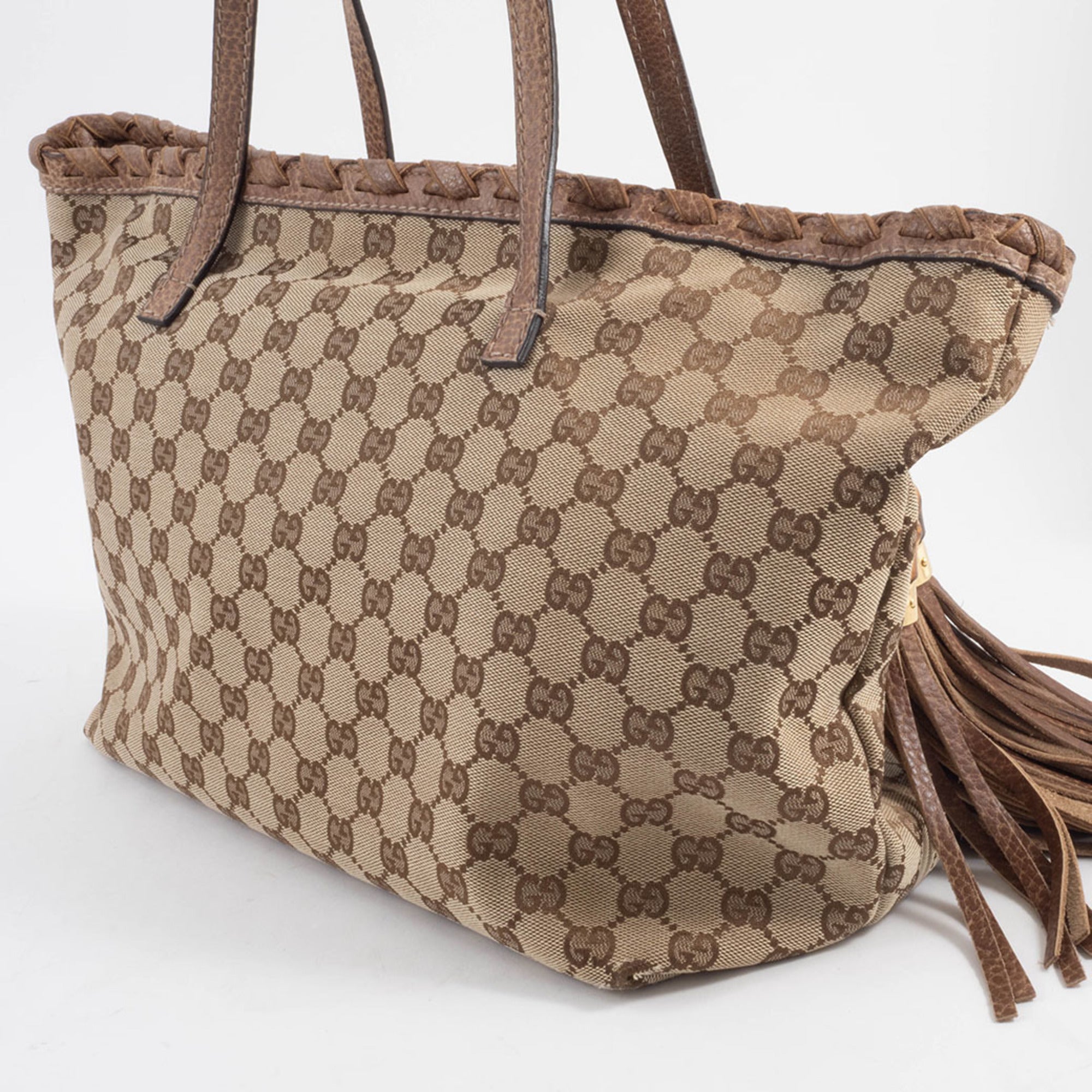 Gucci Gg Canvas Beige Brown Gg Canvas Leather Tote Bag (Pre-Owned)