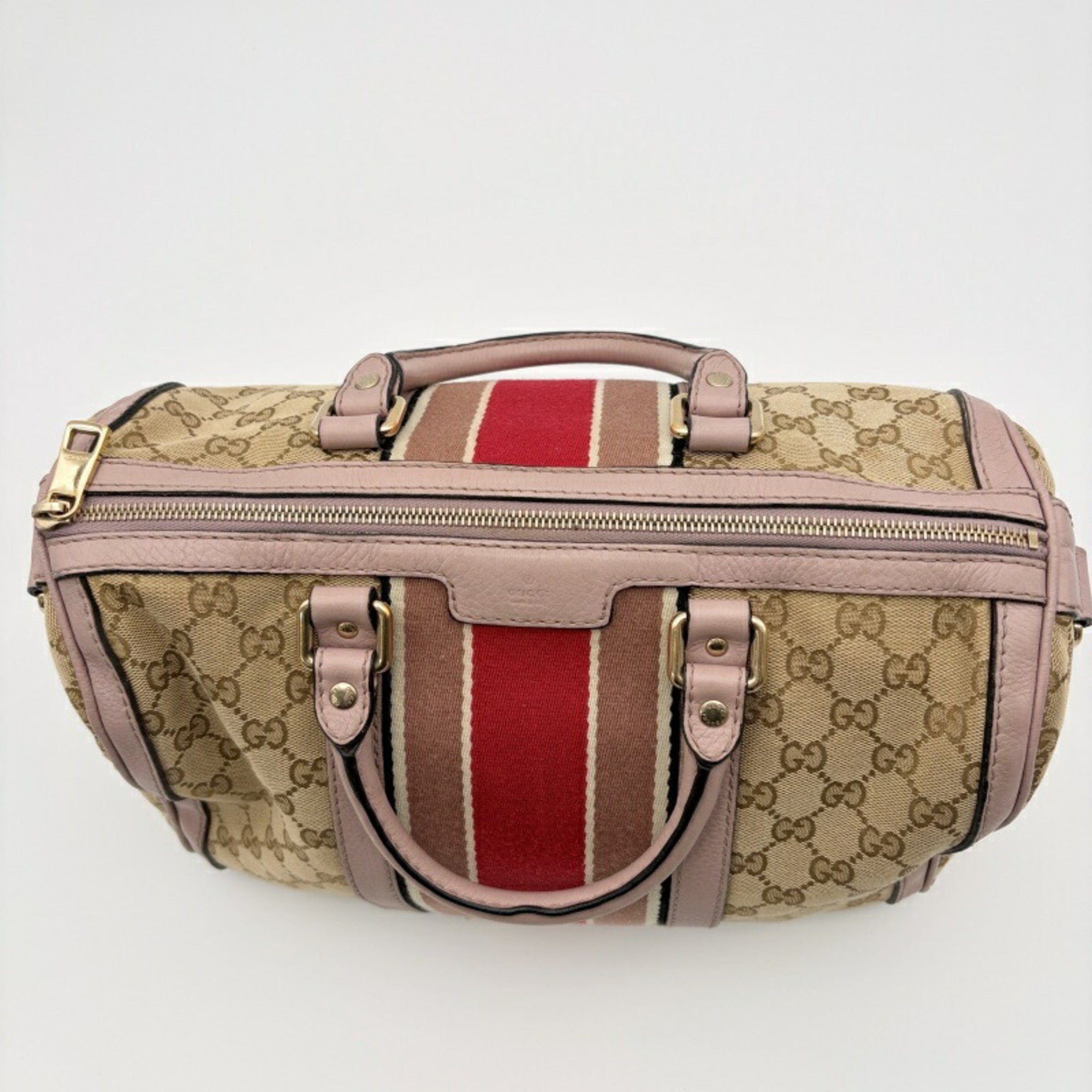 Gucci Sherry Line Beige Pink Canvas Leather Boston Bag (Pre-Owned)