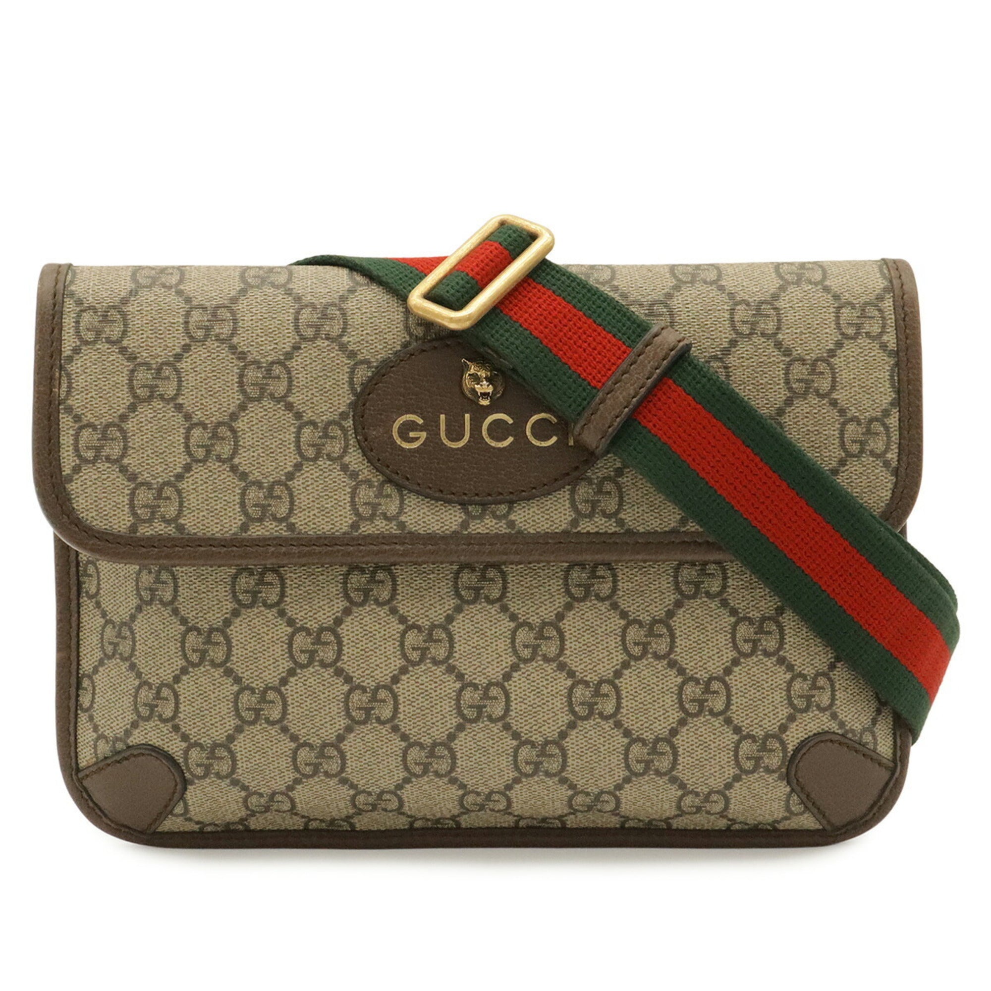 Gucci Sherry Line Beige Brown Green Khaki Red Color Gg Supreme Canvas Pvc Coated Canvas Leather Fanny Pack Sling Bag (Pre-Owned)