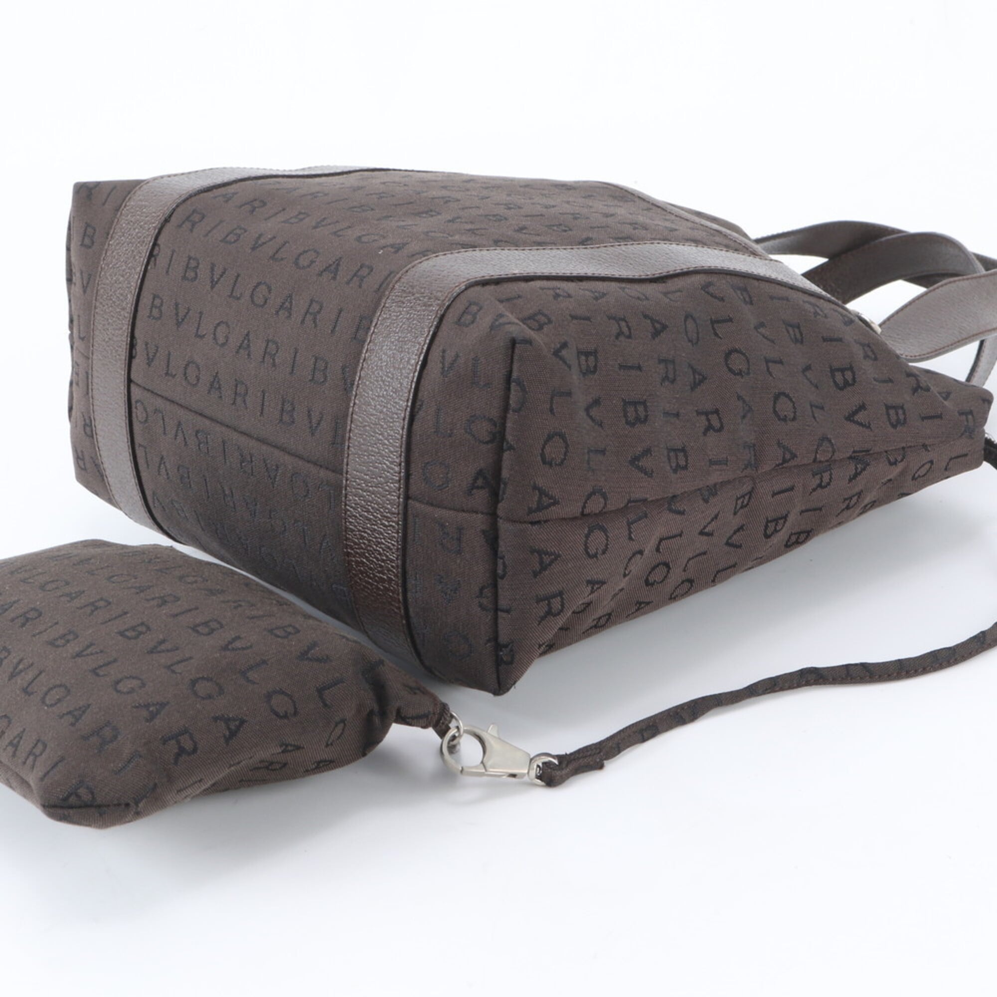 Bvlgari Logomania Brown Leather Canvas Handbag Tote Bag (Pre-Owned)