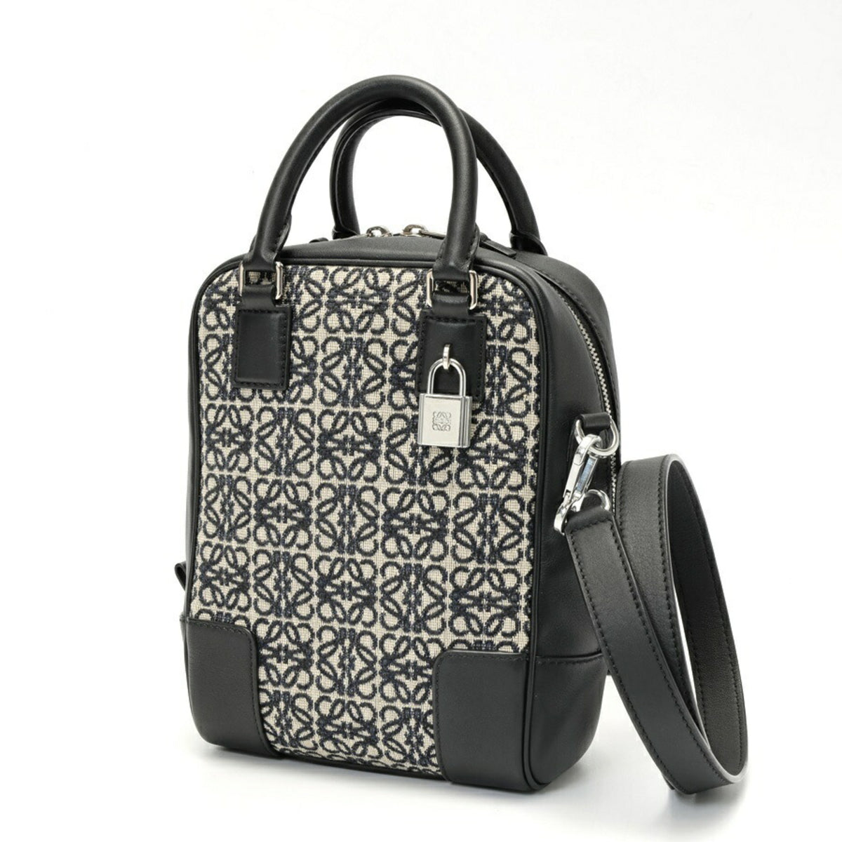 Loewe Amazona Navy Black Jacquard Leather Handbag Shoulder Bag (Pre-Owned)