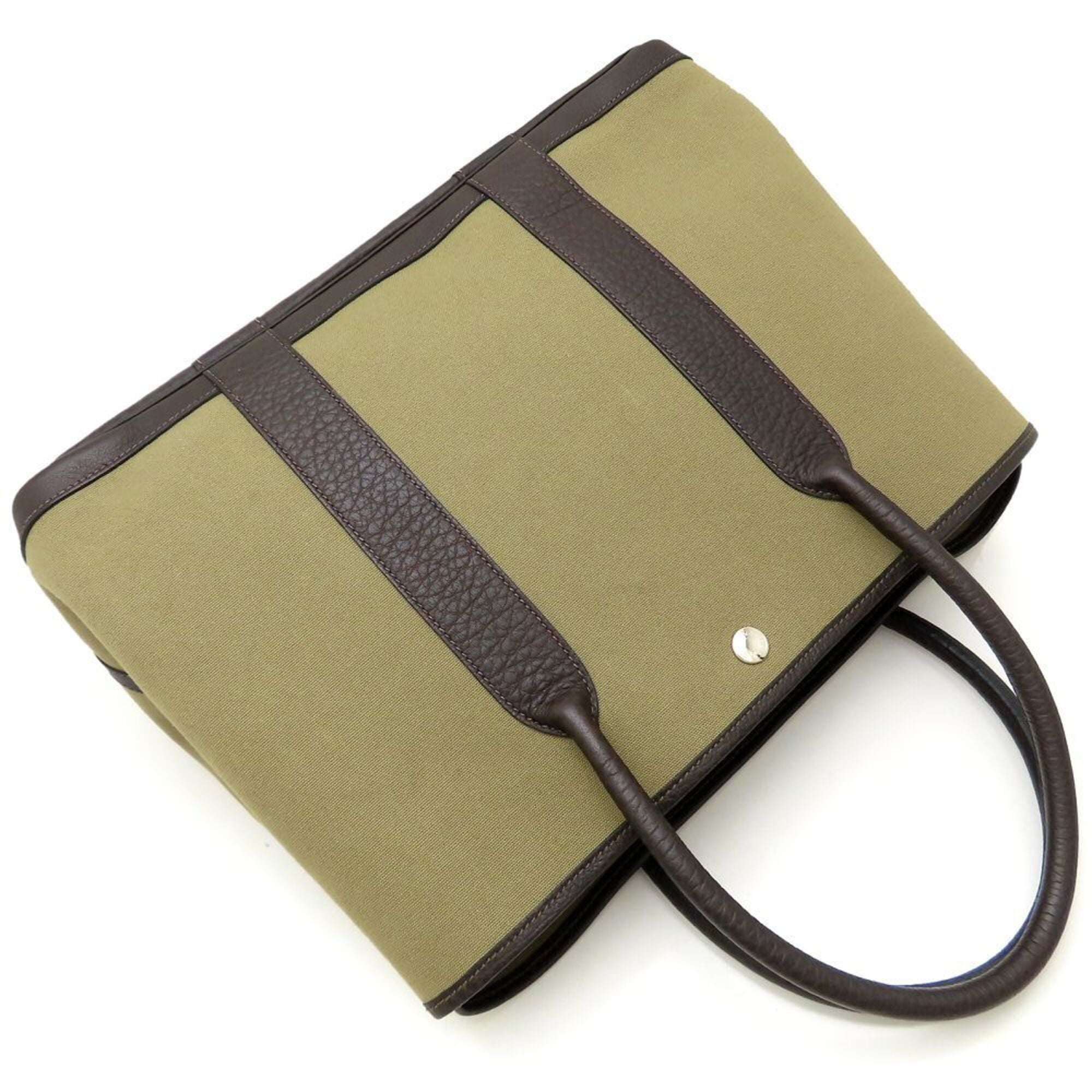 Hermes Garden Dark Brown Khaki Buffalo Leather Toile Officier Handbag (Pre-Owned)
