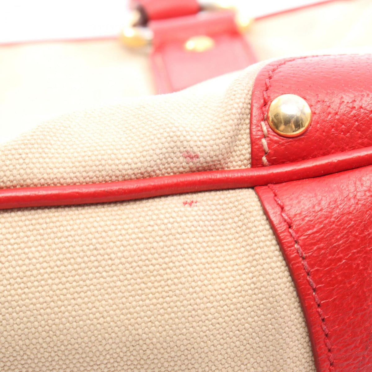 Prada Beige Red Color Canvas Leather Handbag (Pre-Owned)