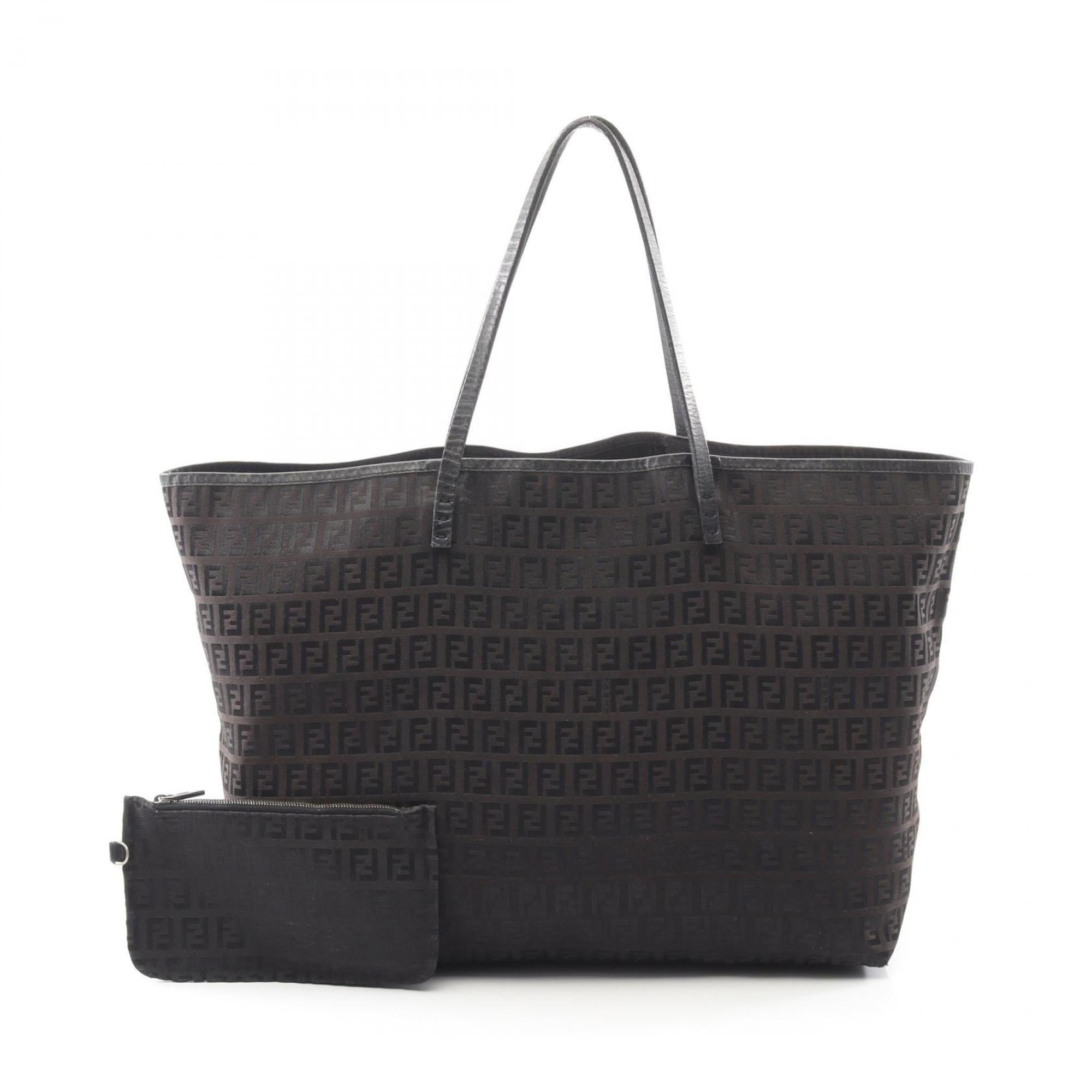 Fendi Black Brown Canvas Leather Pouch Tote Bag (Pre-Owned)