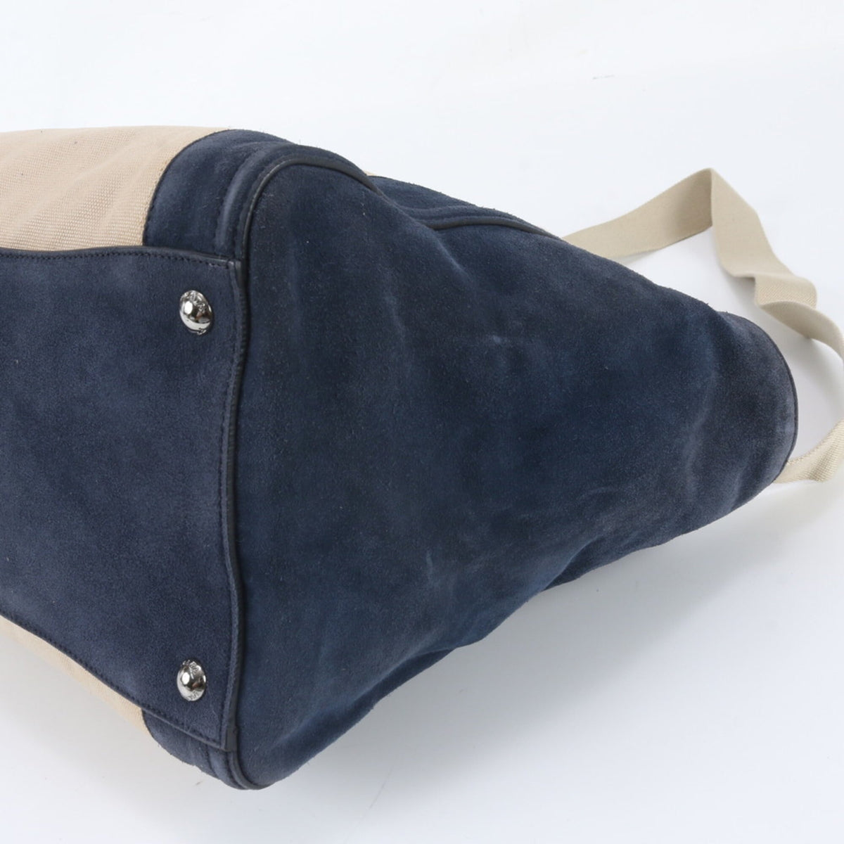 Prada Beige Navy Leather Canvas Handbag Shoulder Bag Tote Bag (Pre-Owned)