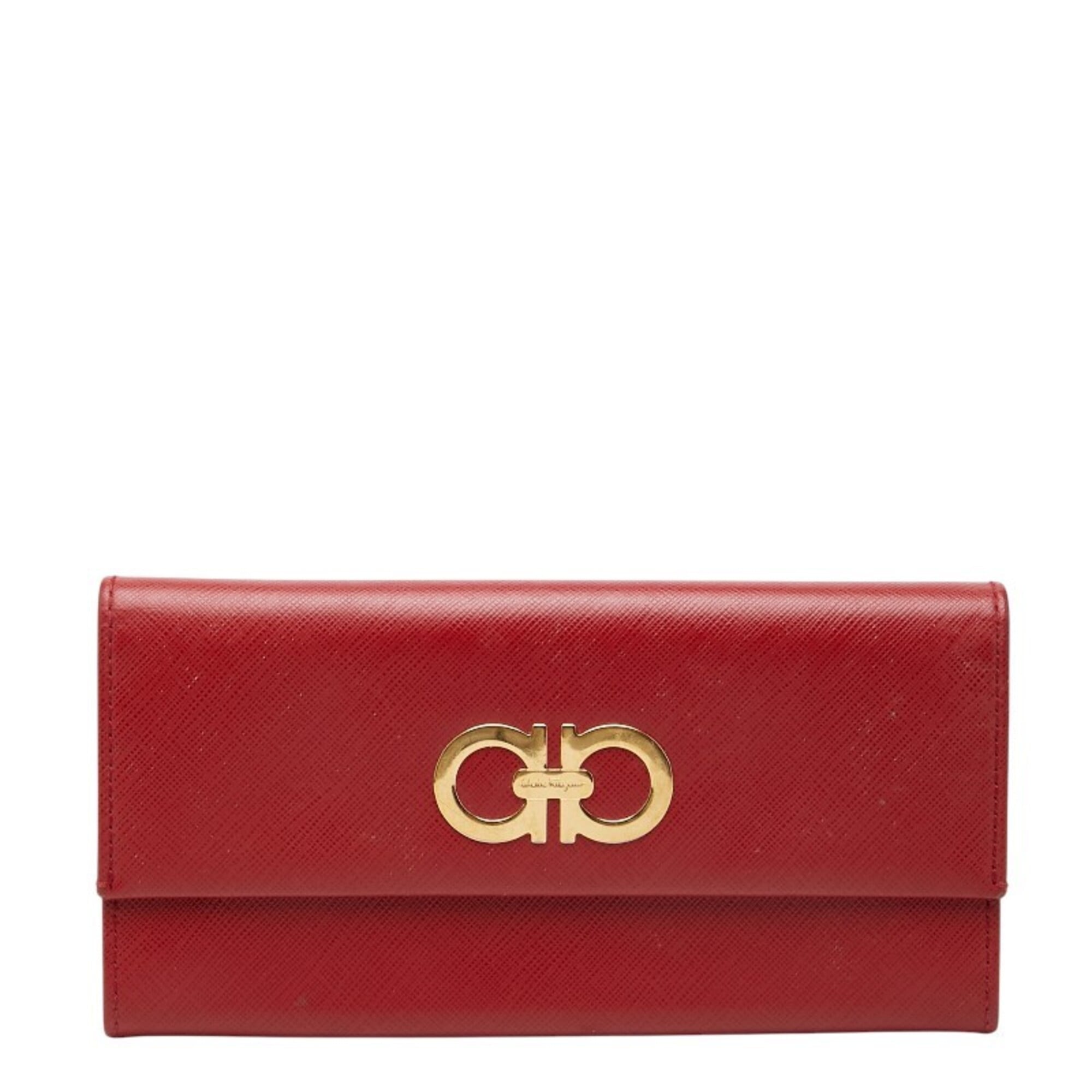 Salvatore Ferragamo Gancini Red Color Leather Long Wallet (Bi-Fold) (Pre-Owned)