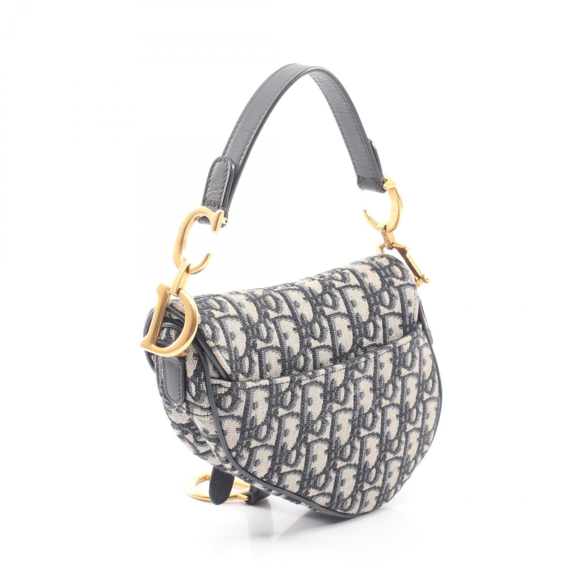 Christian Dior Beige Black Navy Canvas Leather Handbag Saddle Bag (Pre-Owned)