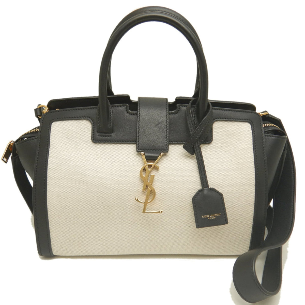 Yves Saint Laurent Black White Canvas Leather Handbag (Pre-Owned)