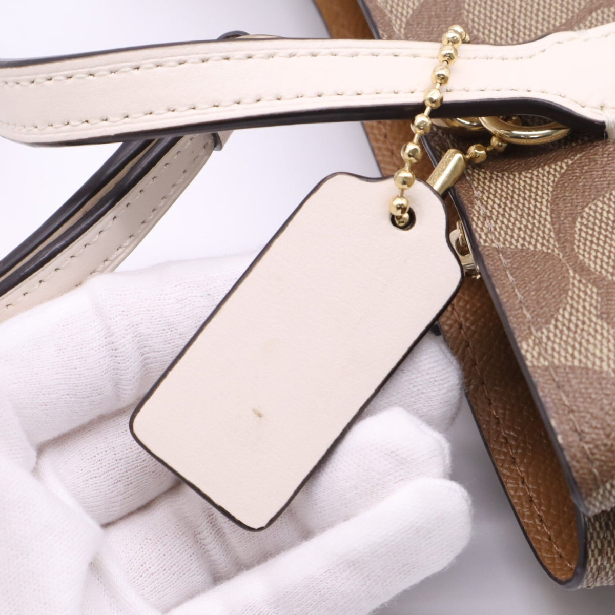 Coach Beige White Signature Line Handbag (Pre-Owned)