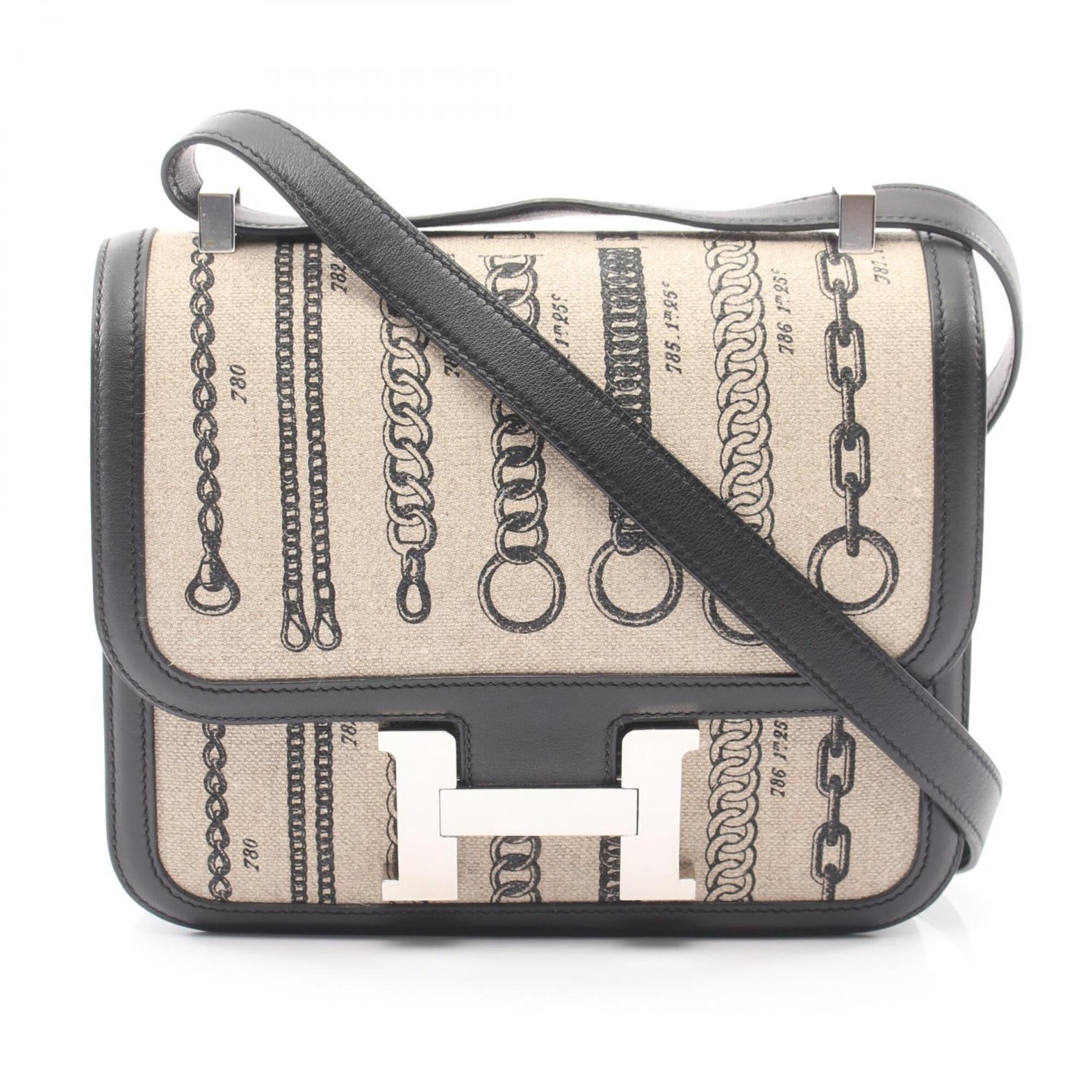 Hermes Beige Black Canvas Leather Swift Leather Handbag Shoulder Bag (Pre-Owned)