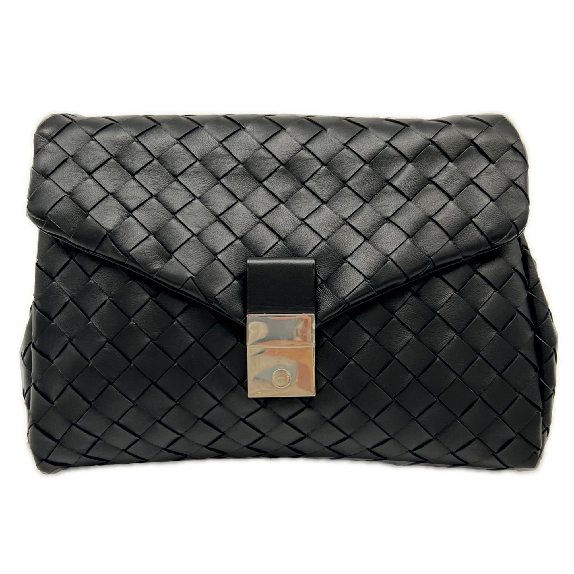 Bottega Veneta Intrecciato Black Leather Clutch Bag (Pre-Owned)