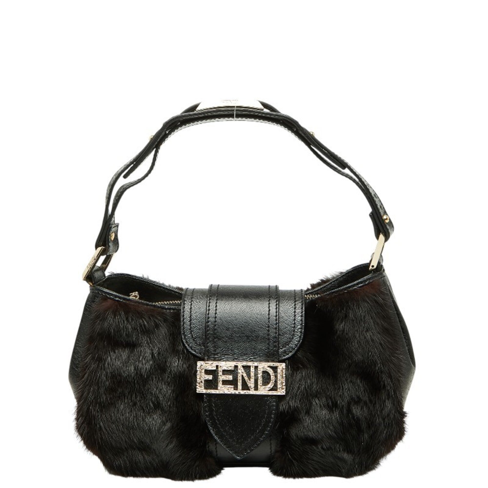 Fendi Black Brown Fur Leather Handbag Shoulder Bag (Pre-Owned)