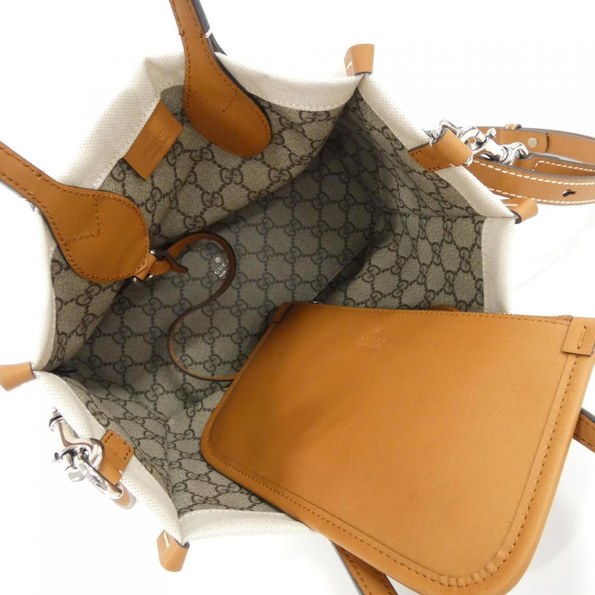 Gucci Beige Light Brown Cotton Leather Handbag Pouch (Pre-Owned)
