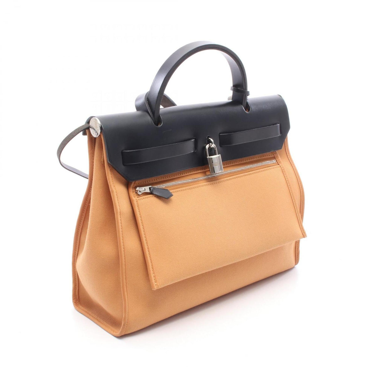 Hermes Black Brown Natural Sable Canvas Vache Leather Handbag Pouch (Pre-Owned)
