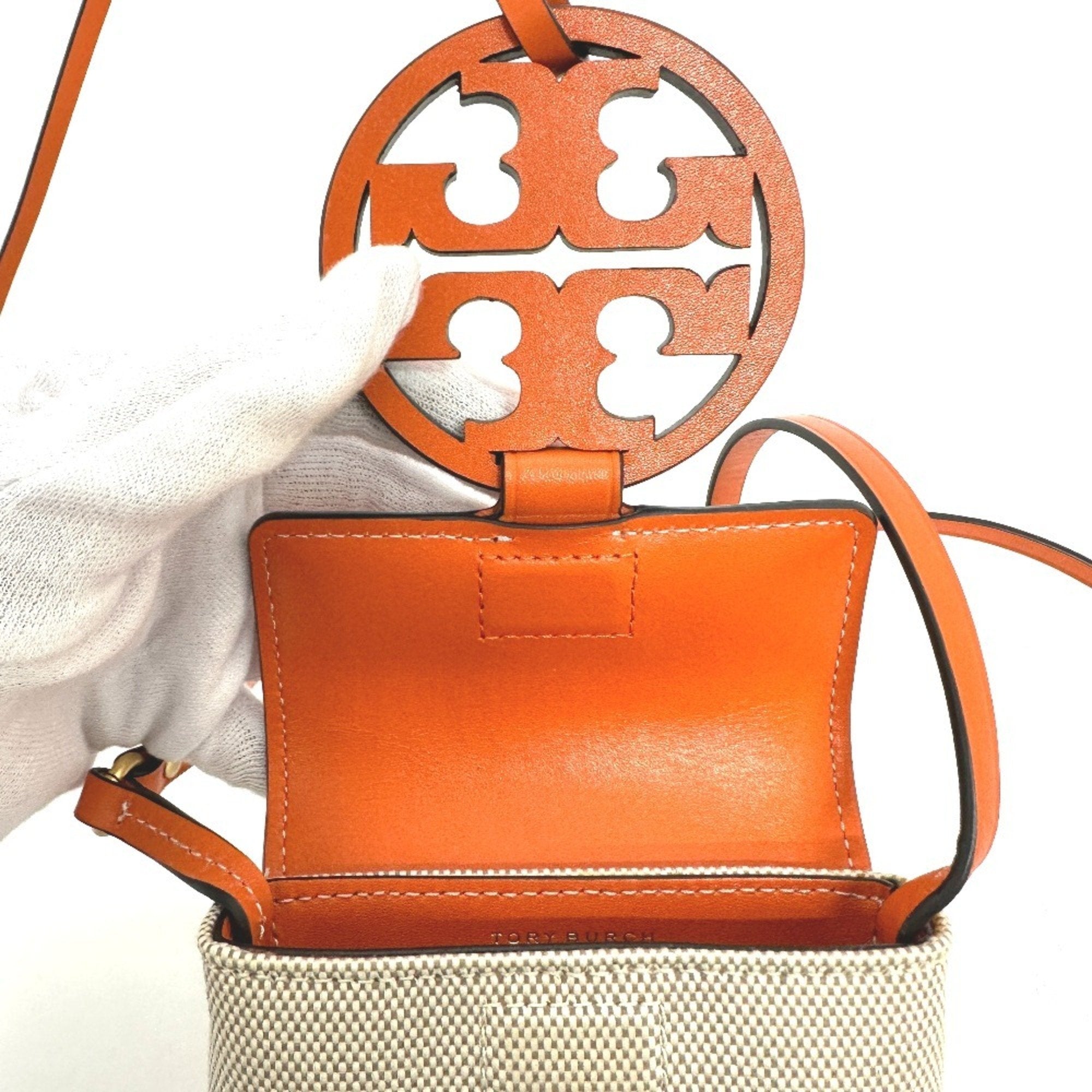 Tory Burch Beige Orange Canvas Leather Pochette Shoulder Bag (Pre-Owned)