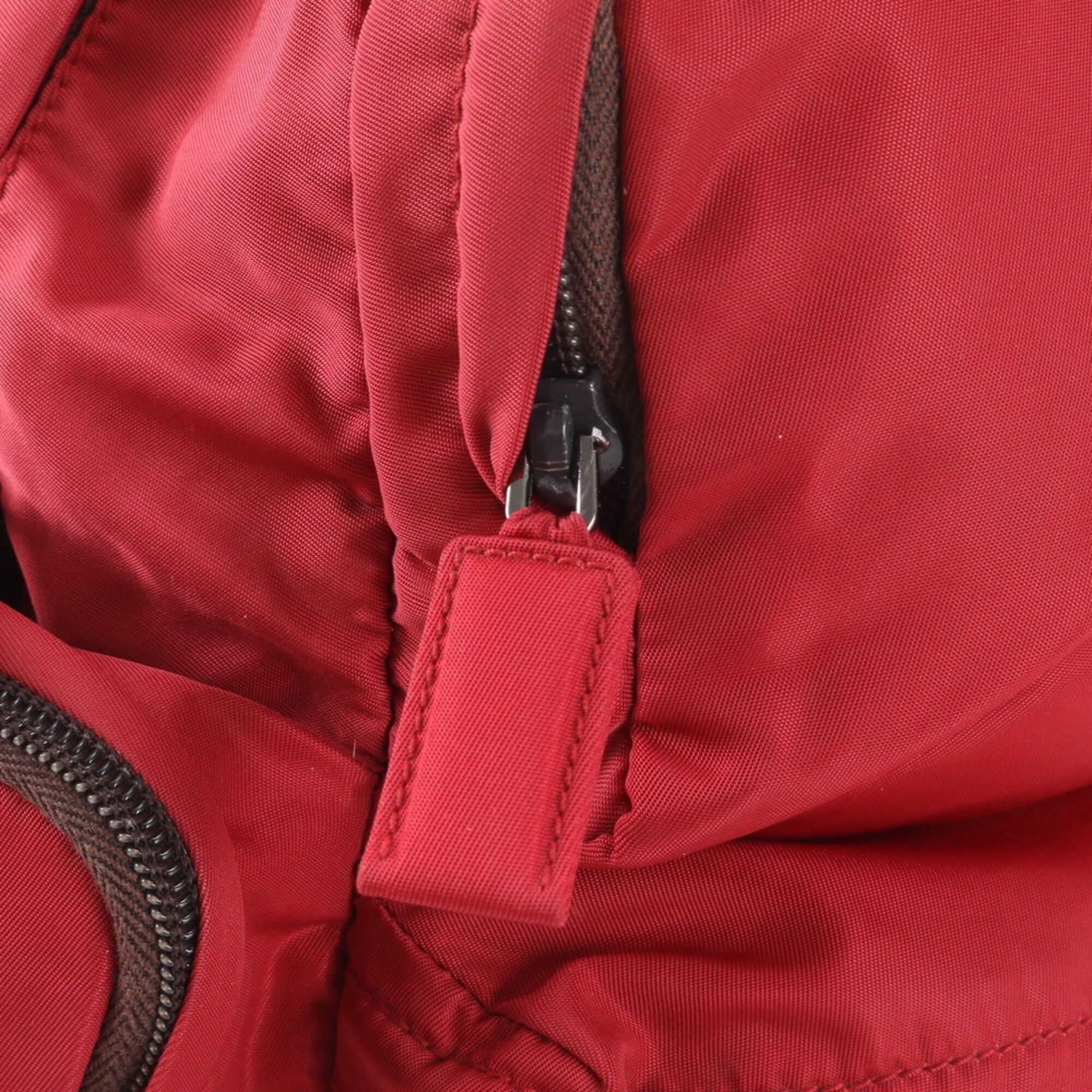 Prada Brown Red Color Nylon Leather Backpack Handbag (Pre-Owned)