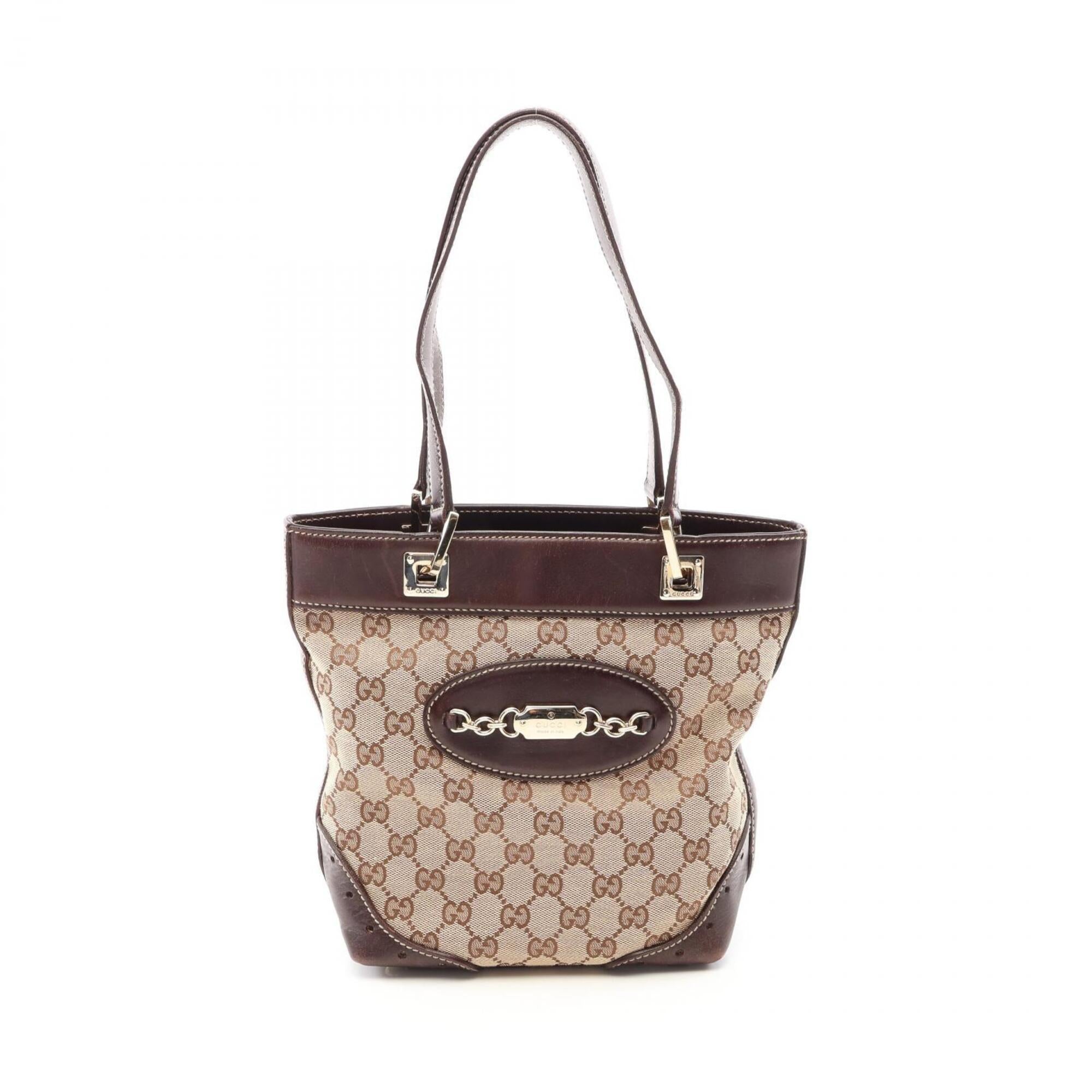 Gucci Beige Brown Canvas Leather Handbag Tote Bag (Pre-Owned)