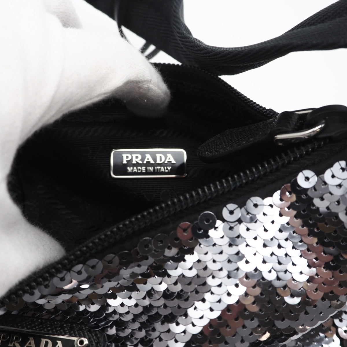 Prada Black Silver Nylon Spangles Handbag (Pre-Owned)