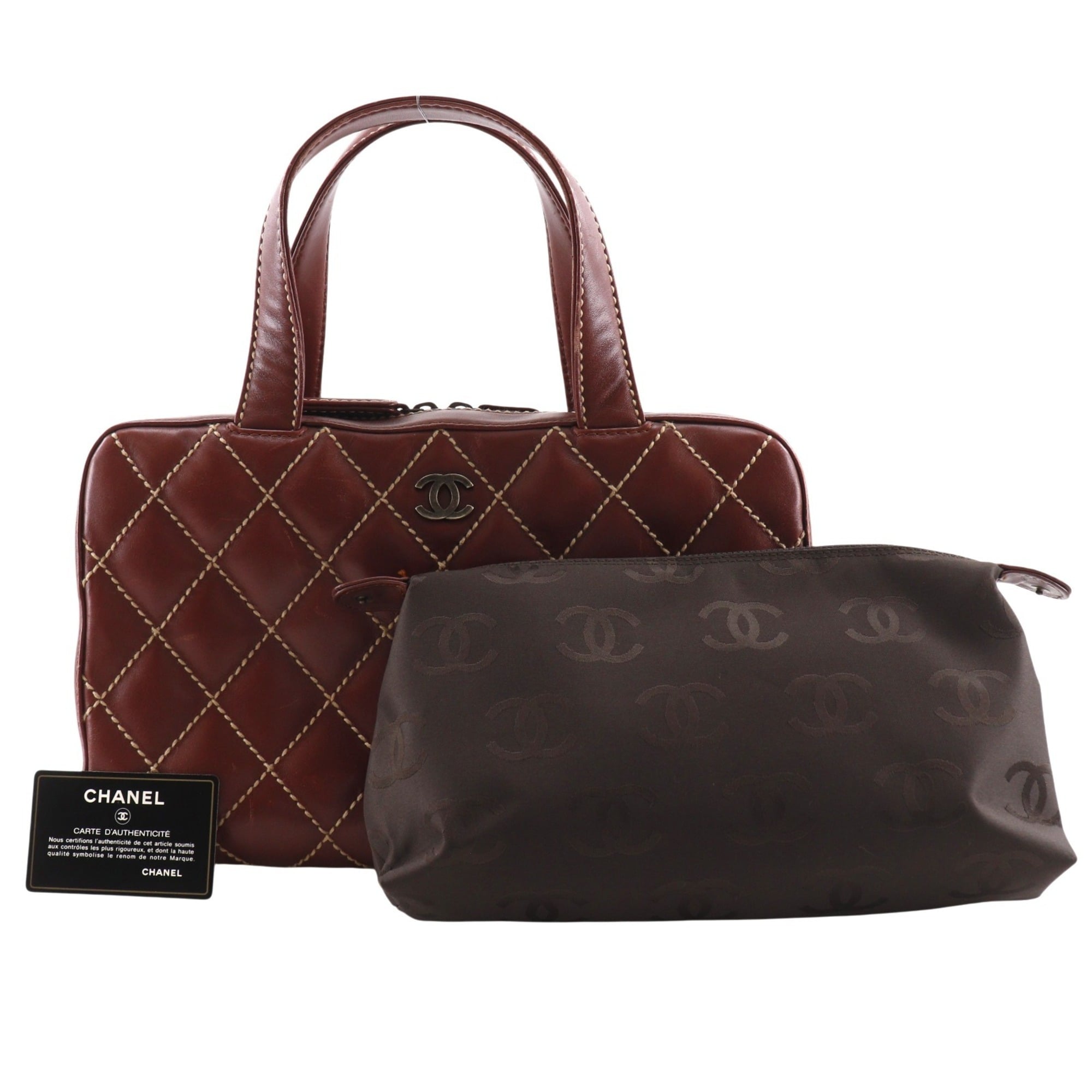 Chanel Wild Stitch Brown Red Color Leather Handbag (Pre-Owned)