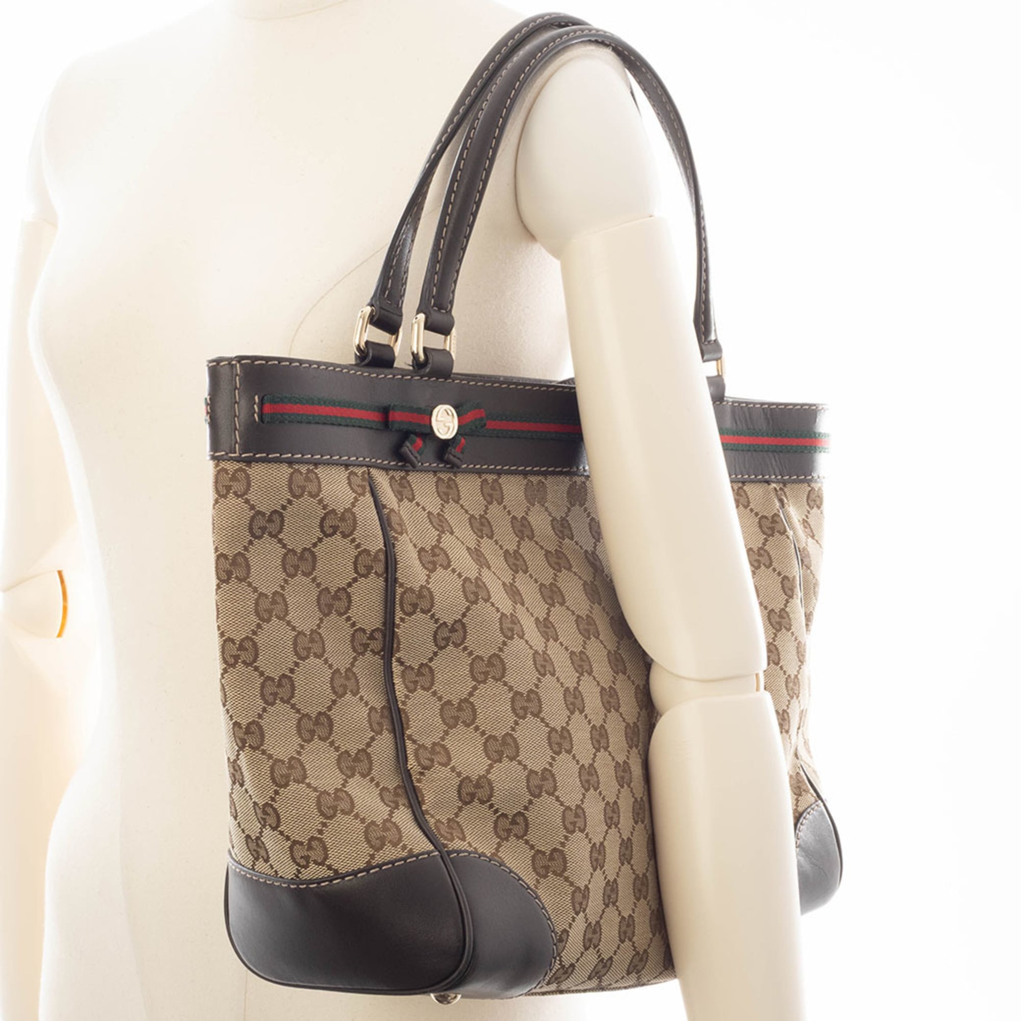 Gucci Gg Canvas Beige Brown Gg Canvas Leather Handbag (Pre-Owned)
