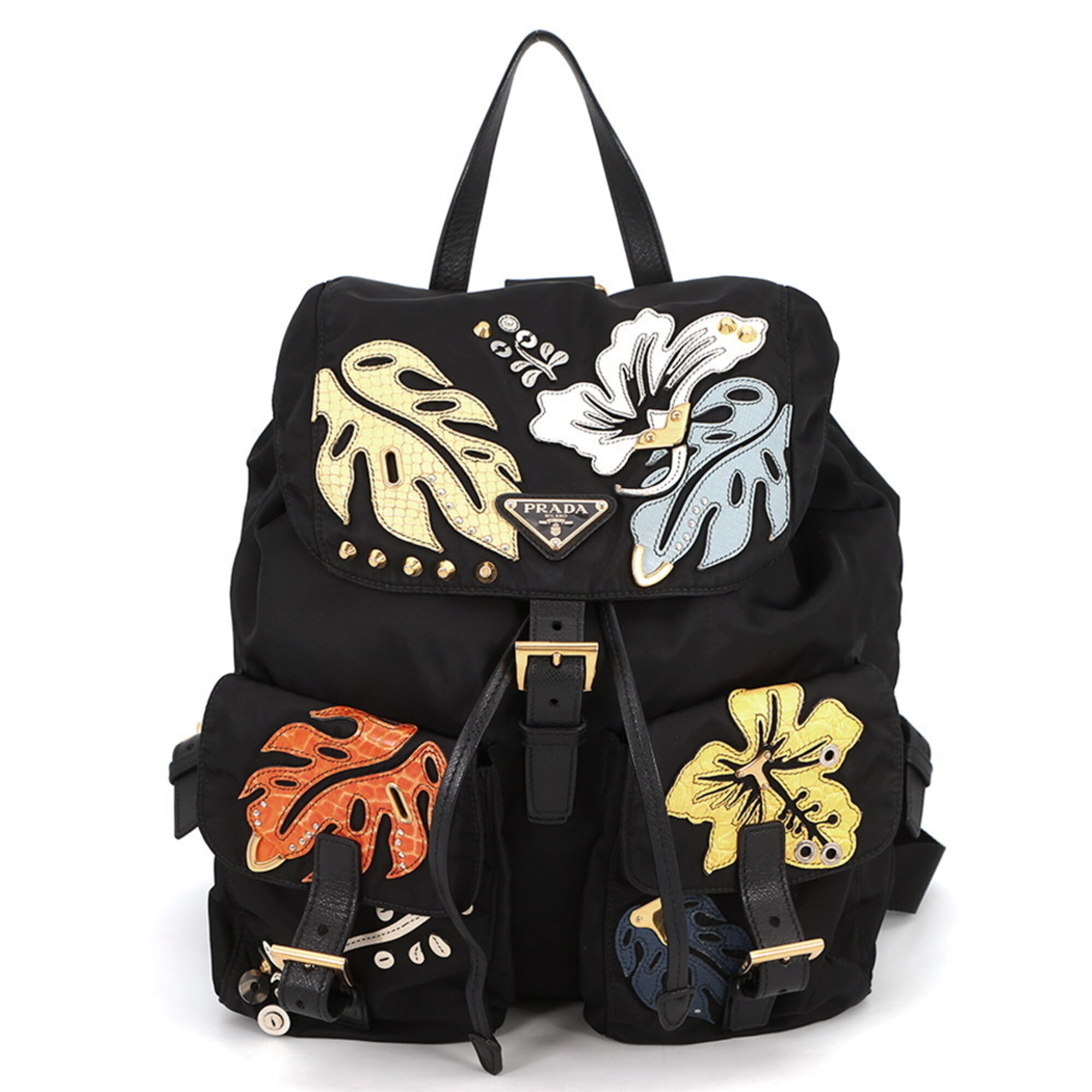 Prada Black Multi-Color Nylon Leather Backpack Handbag (Pre-Owned)