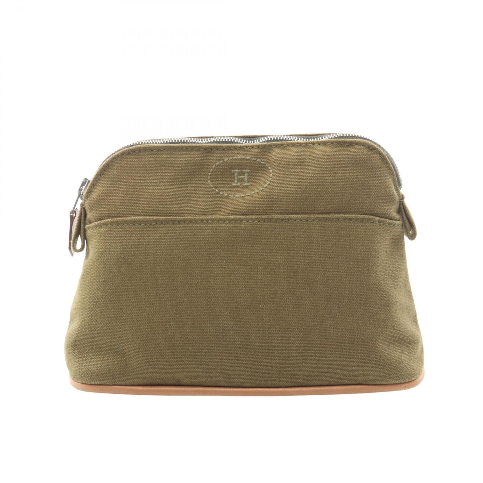 Hermes Khaki Canvas Leather Pouch (Pre-Owned)