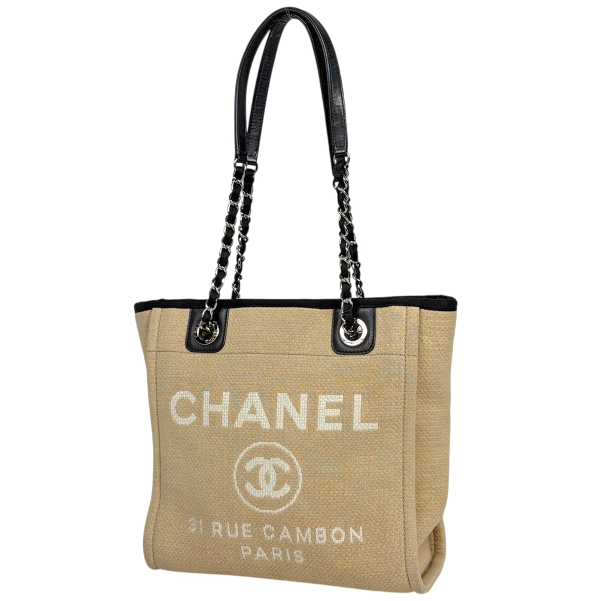 Chanel Deauville Beige Canvas Shoulder Bag Tote Bag (Pre-Owned)