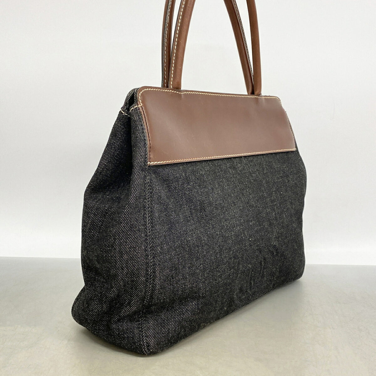 Chanel Black Brown Denim Leather Tote Bag (Pre-Owned)