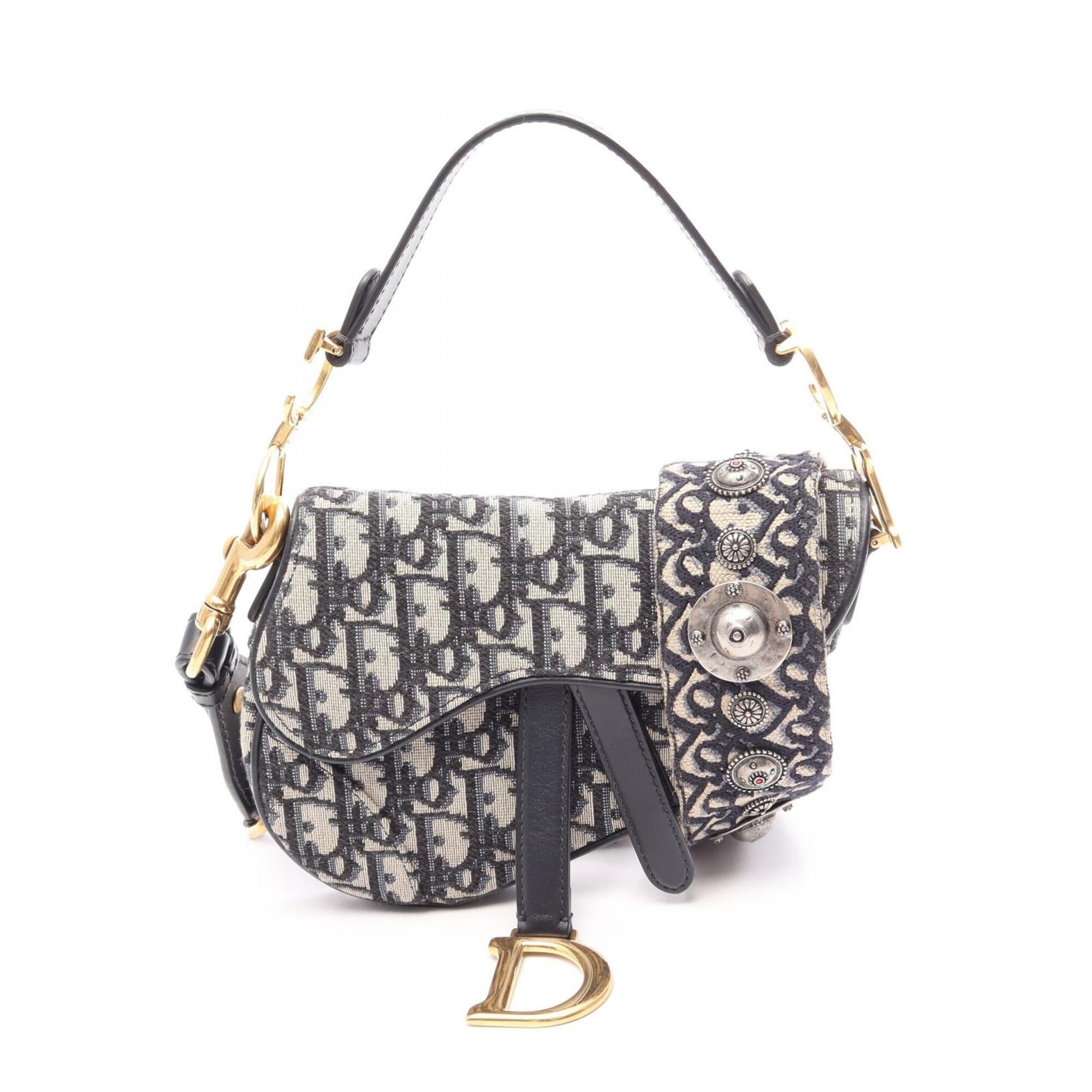 Christian Dior Beige Navy Canvas Leather Handbag Saddle Bag (Pre-Owned)