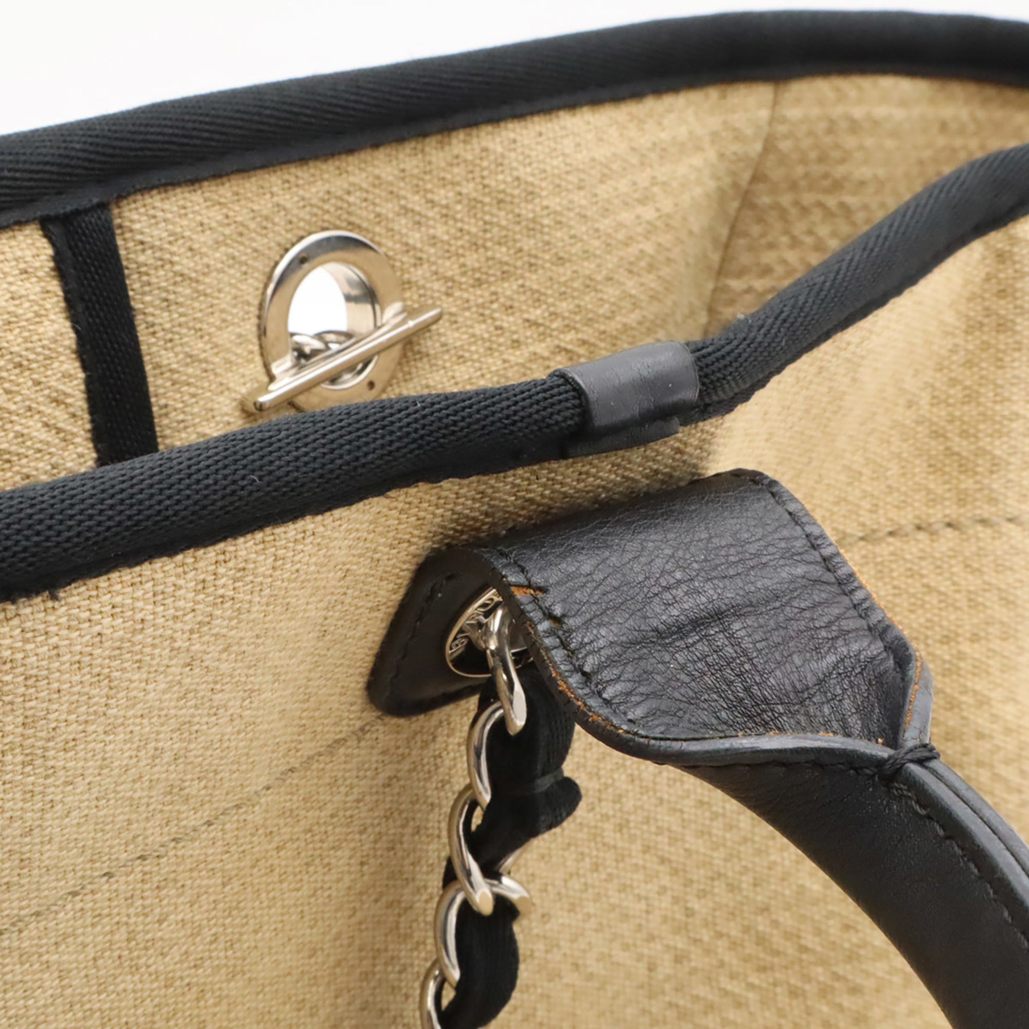 Chanel Beige Black Canvas Shoulder Bag Tote Bag (Pre-Owned)