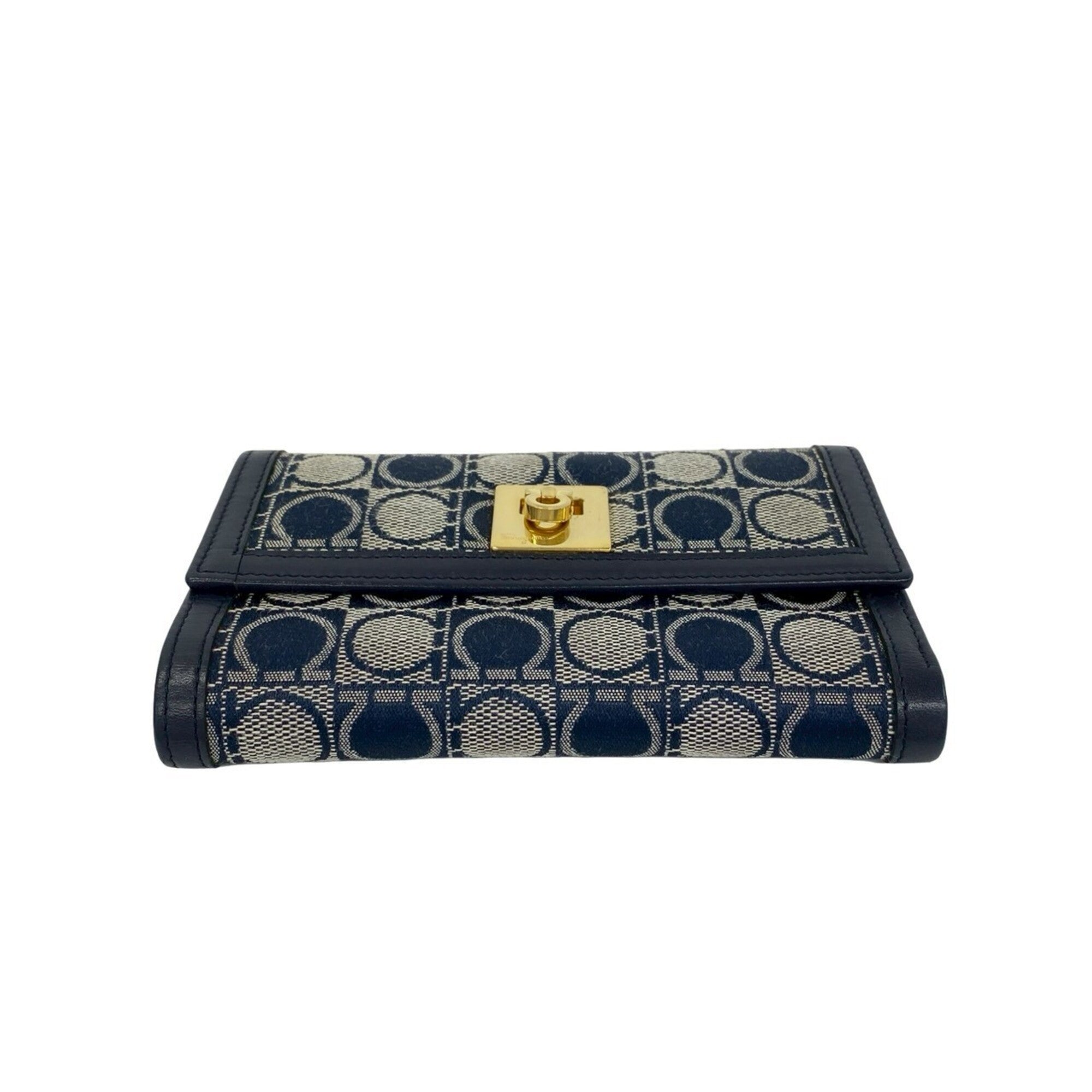 Salvatore Ferragamo Navy Canvas Leather Wallet (Tri-Fold) (Pre-Owned)