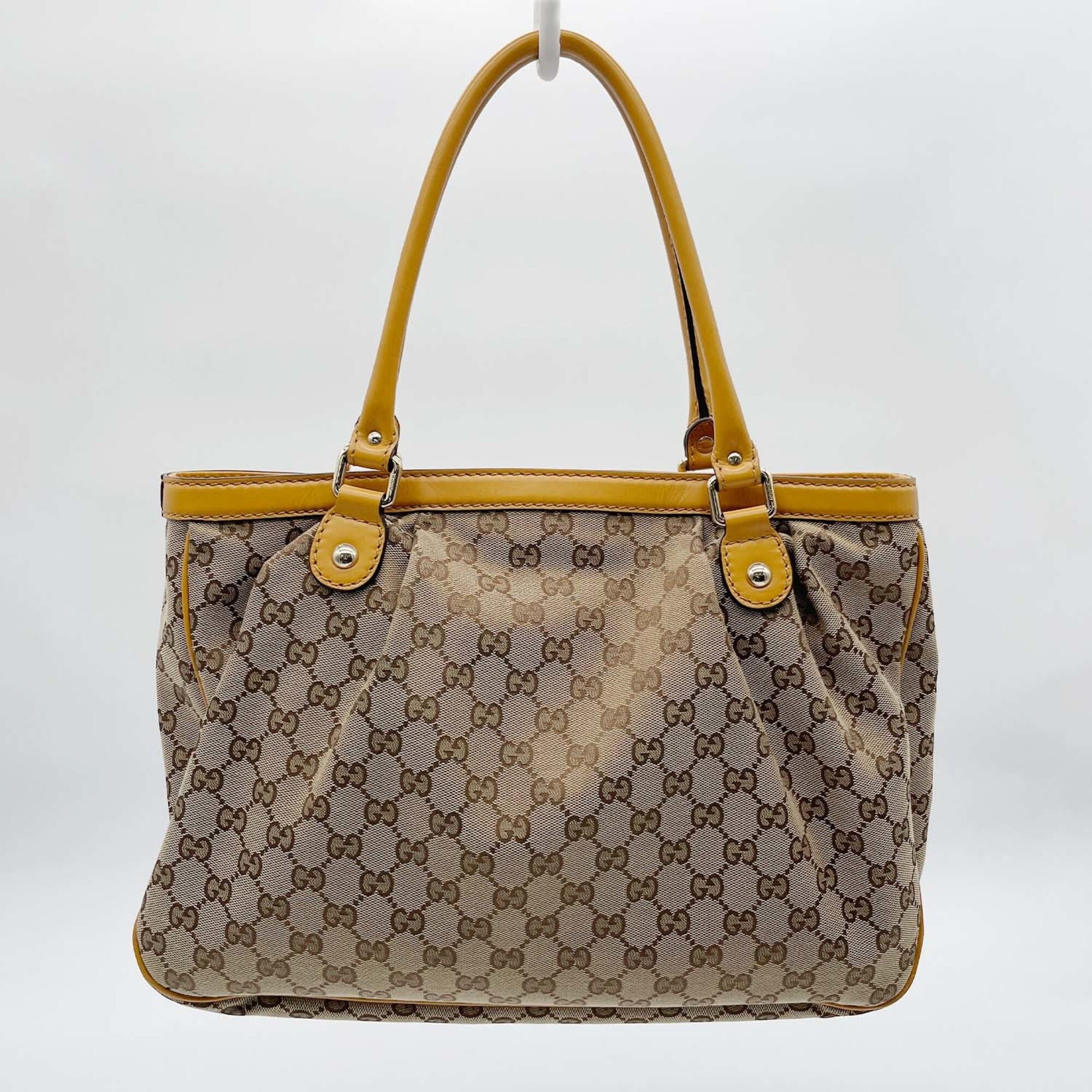 Gucci Brown Yellow Canvas Leather Handbag Tote Bag (Pre-Owned)