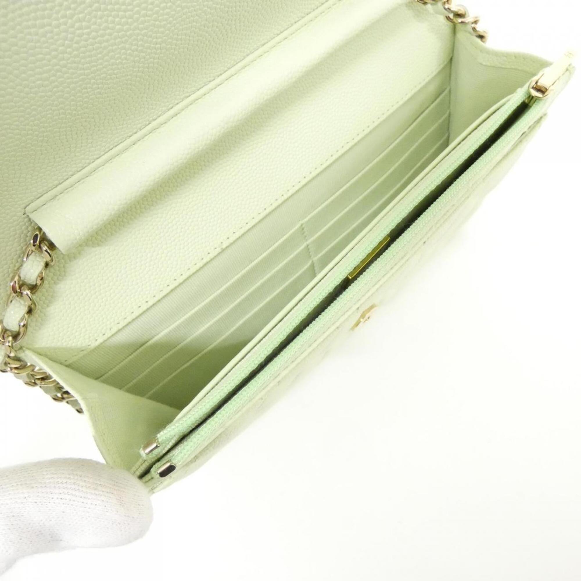 Chanel Light Green Grained Calfskin Chain/Shoulder Wallet (Pre-Owned)