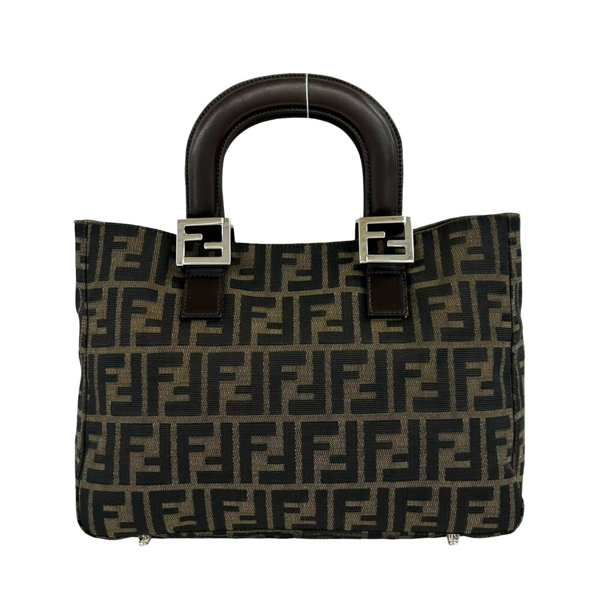 Fendi Black Brown Canvas Leather Handbag Tote Bag (Pre-Owned)