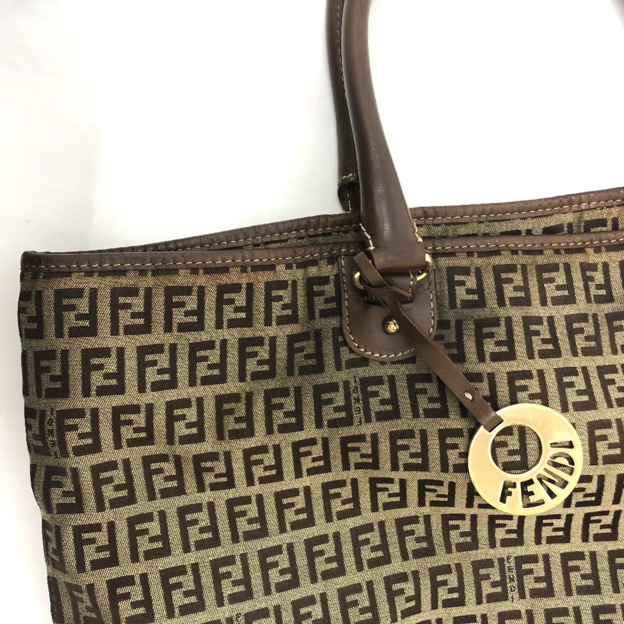Fendi Beige Zucchino Canvas Leather Handbag Shoulder Bag Tote Bag (Pre-Owned)