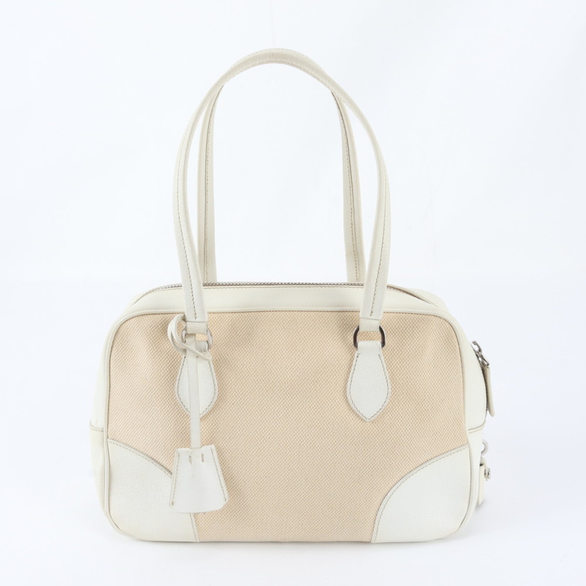 Prada Ivory Leather Canvas Handbag Tote Bag (Pre-Owned)
