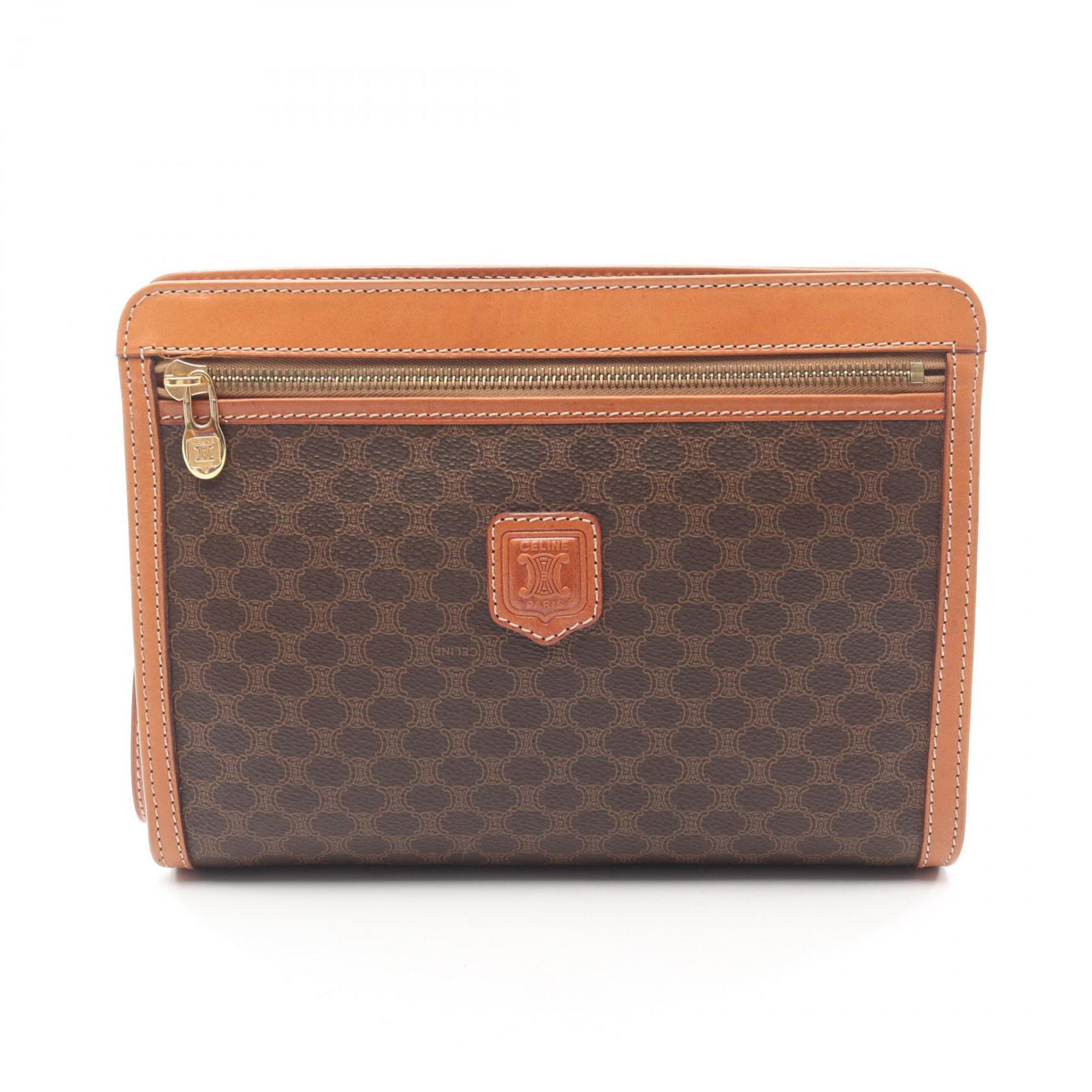 Celine Brown Coated Canvas Leather Clutch Bag Handbag (Pre-Owned)