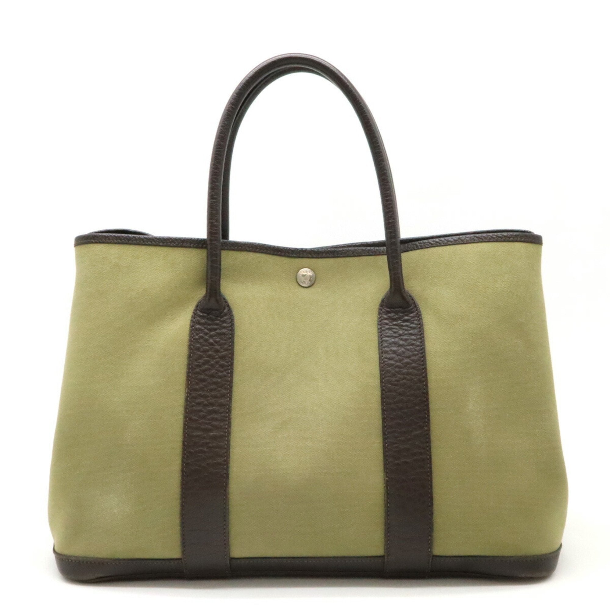 Hermes Garden Dark Brown Khaki Toile Officier Leather Handbag Tote Bag (Pre-Owned)